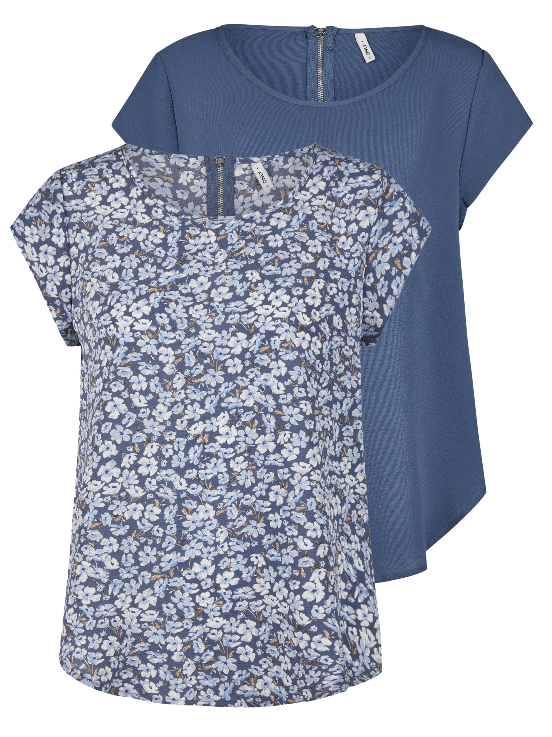 ONLY OnLVIC Lot de 2 t-shirts basiques pour femme Col rond Coupe droite Chemisier à manches courtes Fermeture éclair Motif été Noir Vert Rose Bleu 34 36 38 40 42 44, Vintage Indigo (15284243), 40
