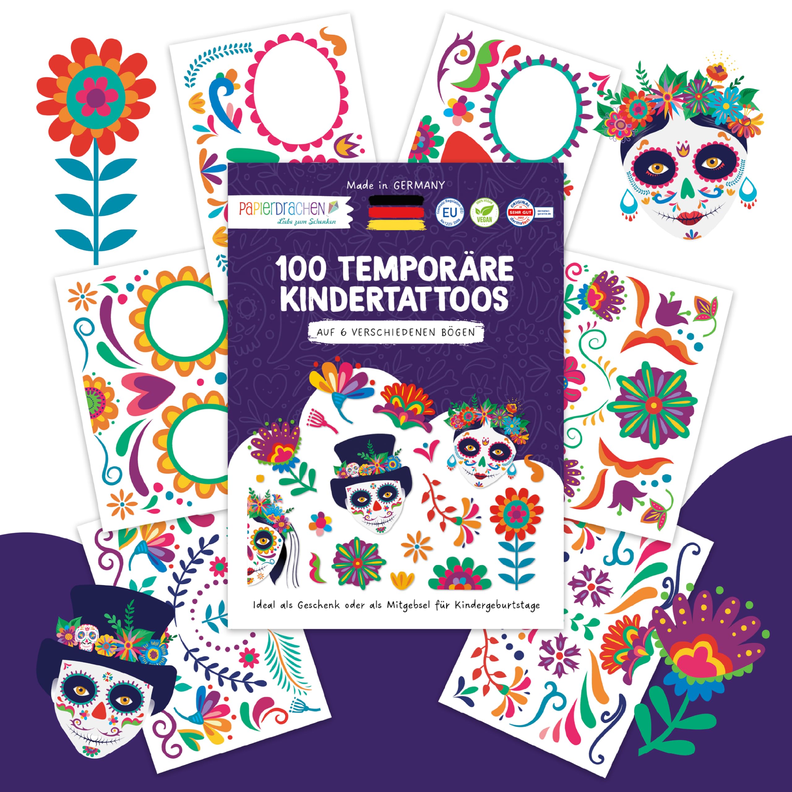 100 Tattoos zum Aufkleben aus Deutschland - Kindertattoos für Halloween und Tag der Toten - für jede Party - vegan