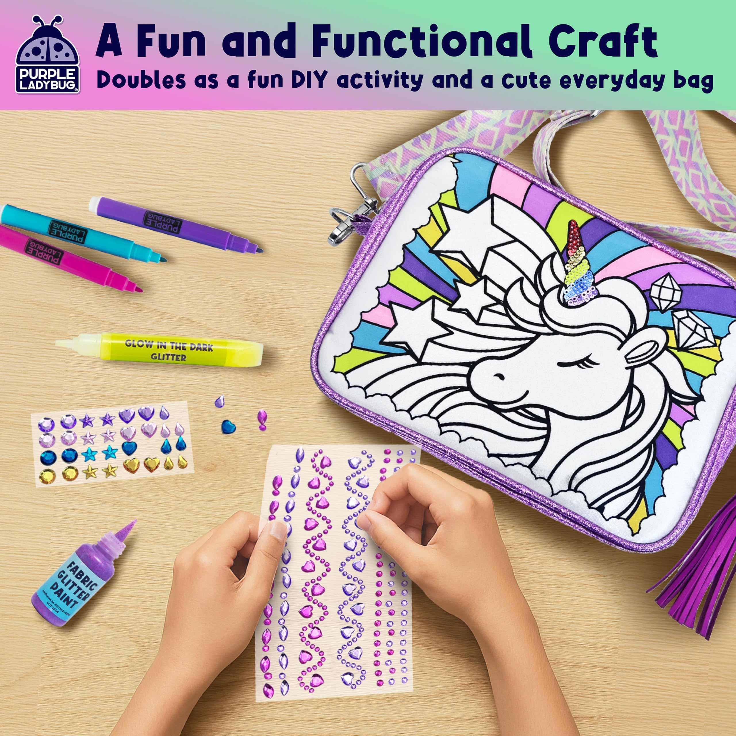 Decora tu propio kit de bolsa cruzada de unicornio, regalos de Navidad para niñas con bolígrafo con purpurina que brilla en la oscuridad, calcomanías de gemas y pintura de tela, ideas de regalo de 8