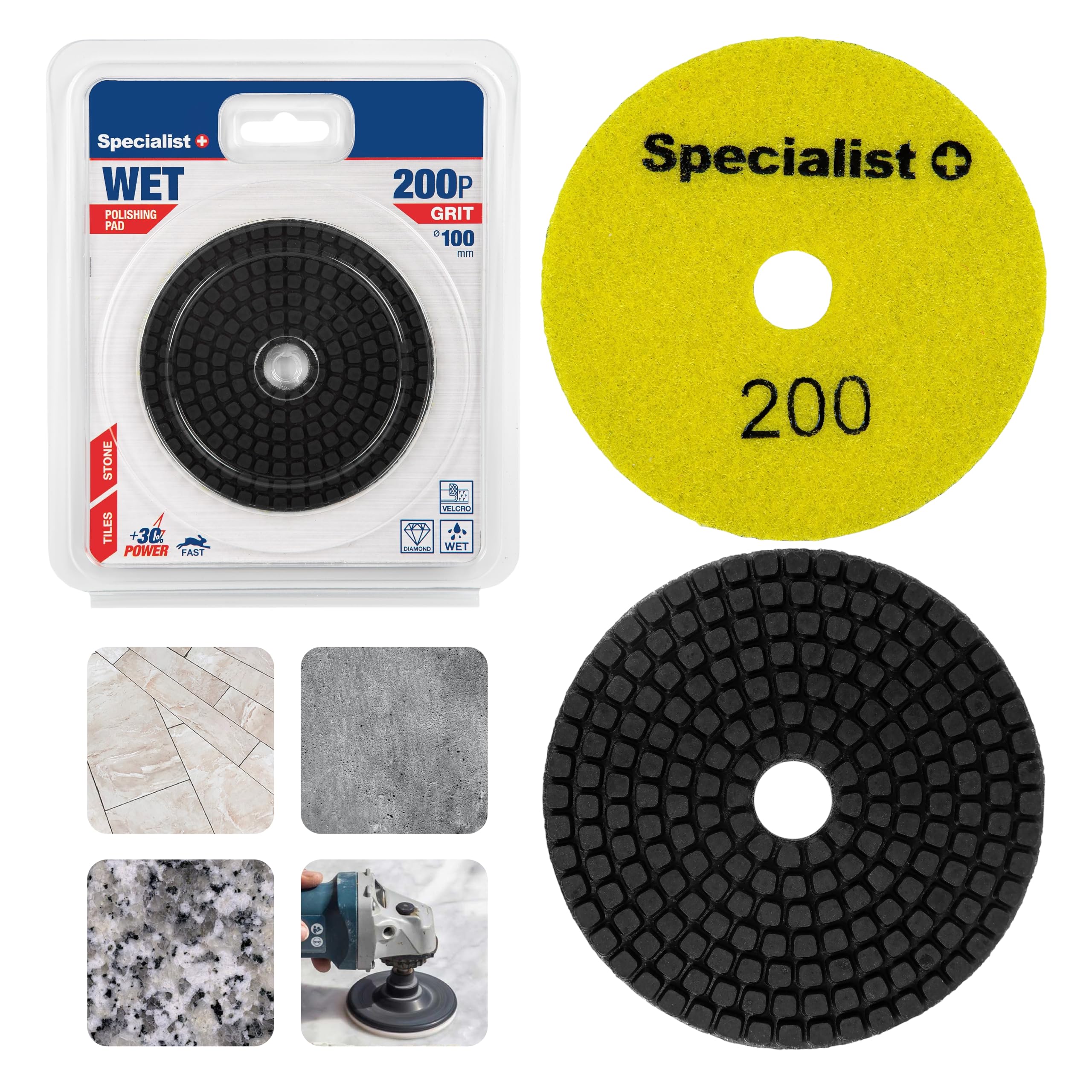 SPECIALIST+ Juego de corte de azulejos y pulido de diamante | Kit de 6 piezas con disco de lijadora angular de 125 mm, almohadilla de soporte de velcro y almohadillas de pulido húmedas de grano 50–400