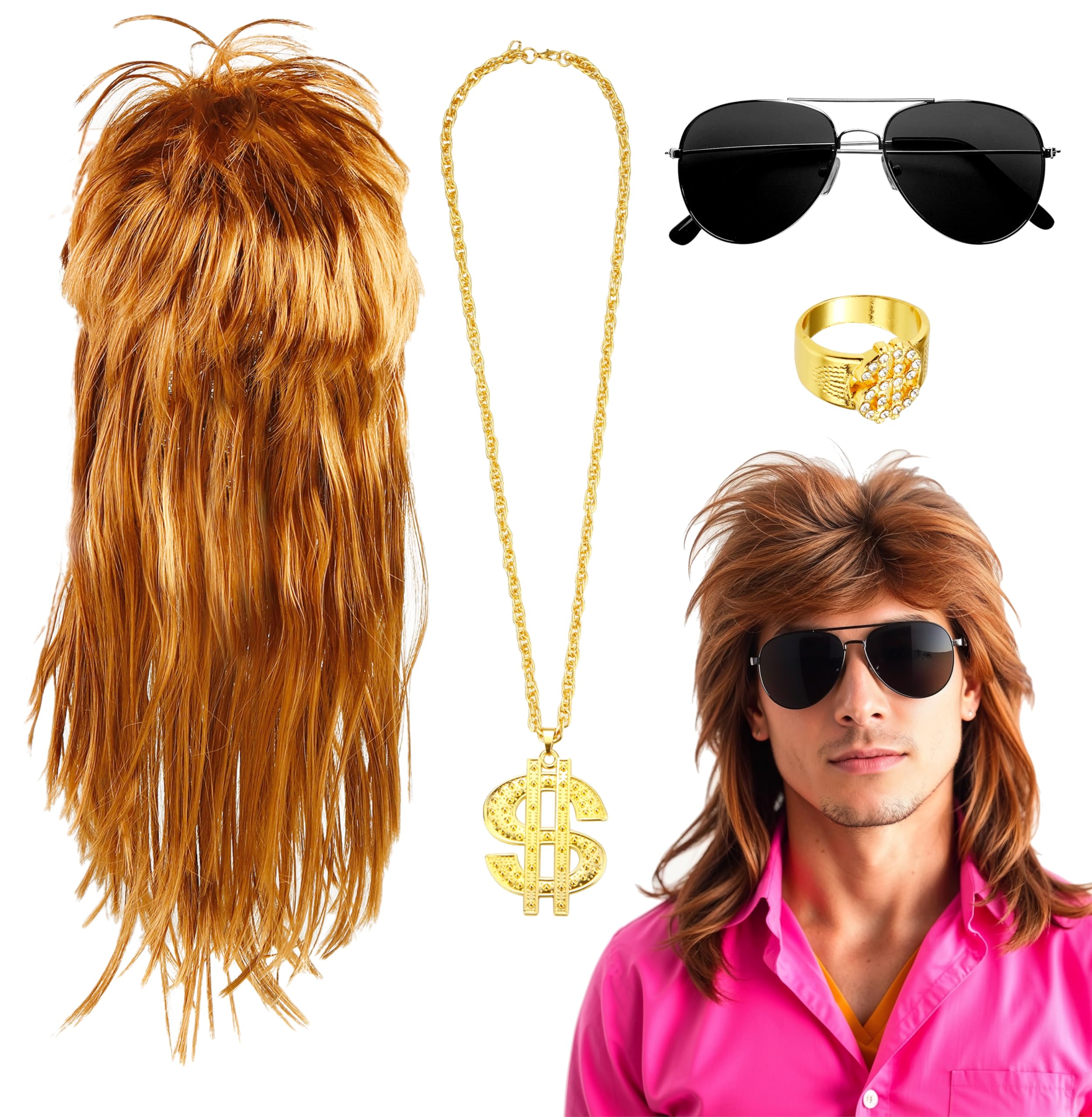 80er Jahre Vokuhila Kostüm Set – 4-in-1 Assi-Outfit Mit Perücke, Goldkette & Brille Für Karneval