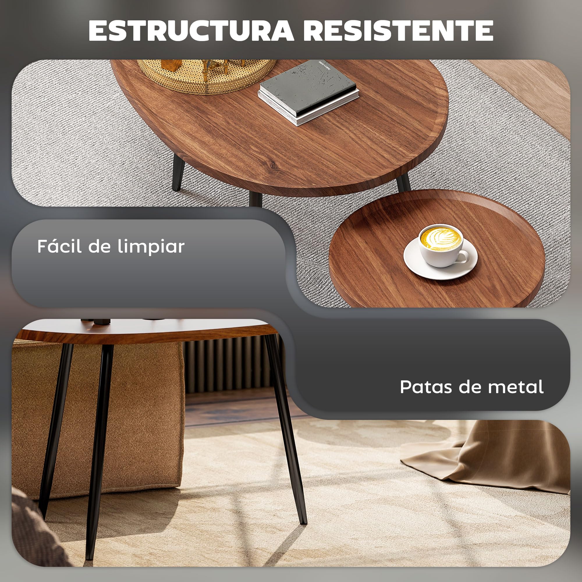 HOMCOM Juego de 2 Mesas Auxiliares Apilables Mesas Nido Mesitas de Café Estilo Moderno con Marco de Metal para Salón Dormitorio Oficina 80x55x49 cm y Ø40x39 cm Efecto Madera y Negro