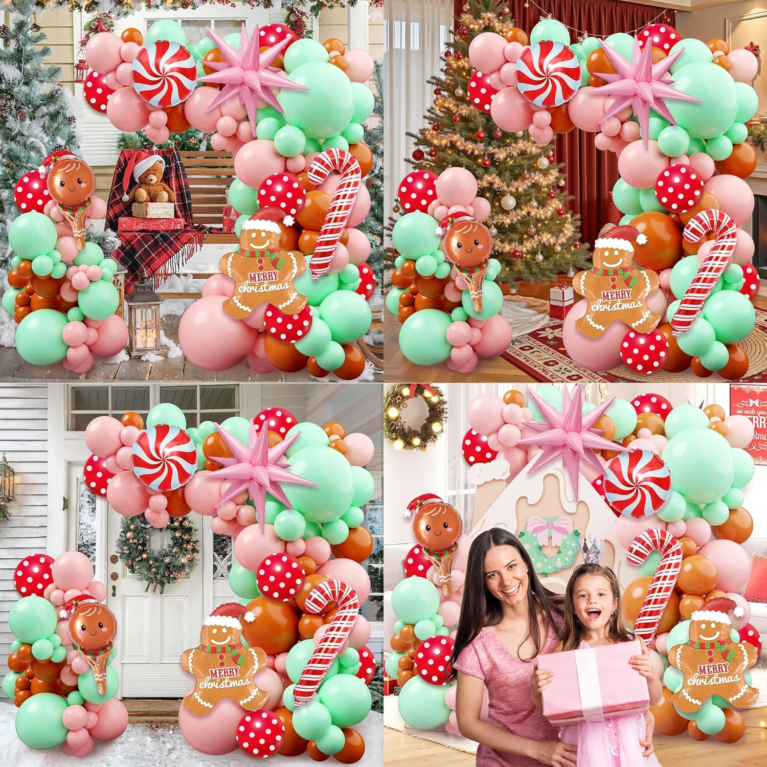 Christmas Gingerbread Balloon Arch Kit,184 Pcs Pink and Green Xmas Balloon Garland Arch with Cookie Figure, Candy and Snowman Balloons for Christmas Party Decorations, Xmas Holiday Event Supplies - Image 3