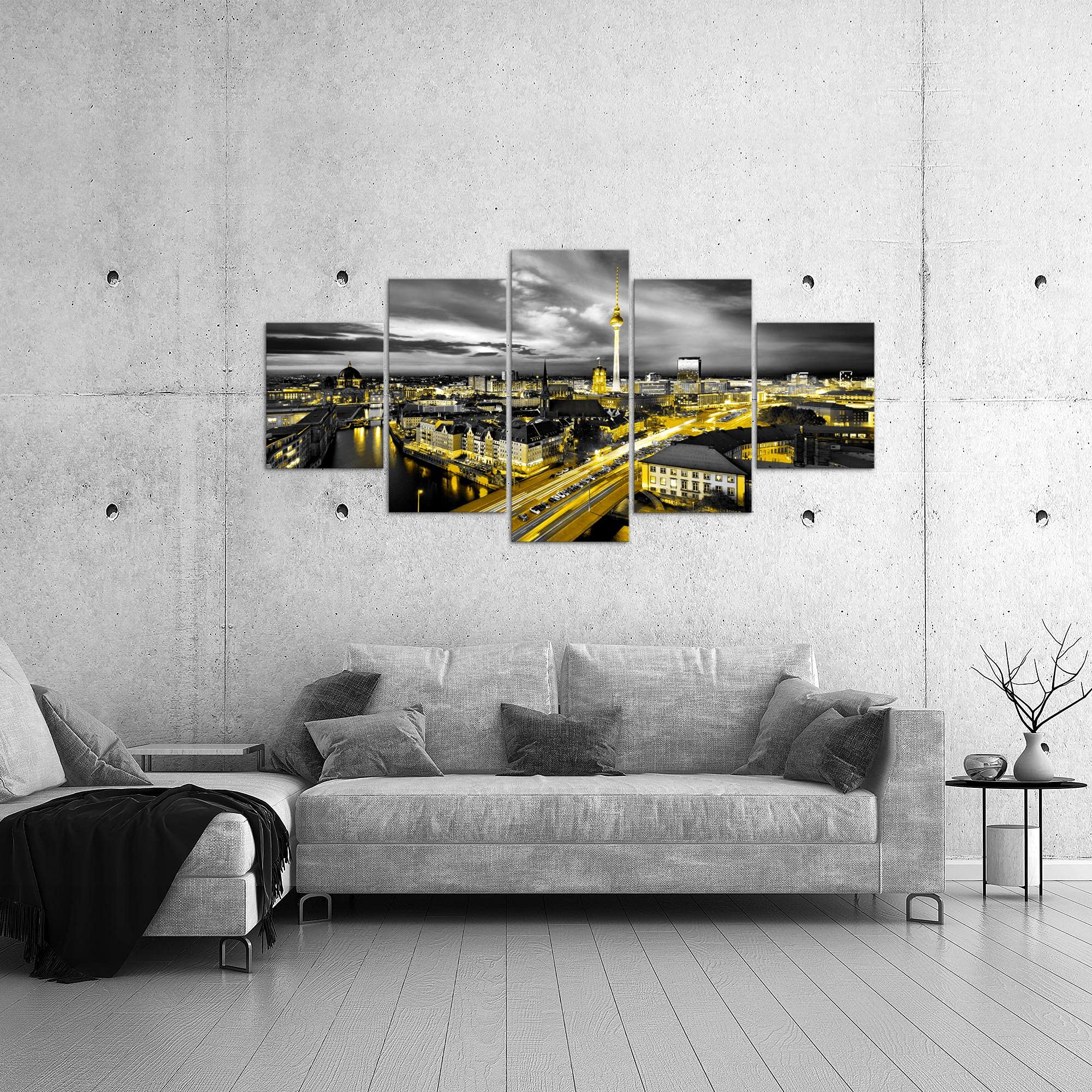 Runa Art Quadro Murales Berlino – 5 Pezzi, Tela Non Tessuta 110 G/m², Astratto Giallo, Per Camera Da Letto E Corridoio, Made In Germany
