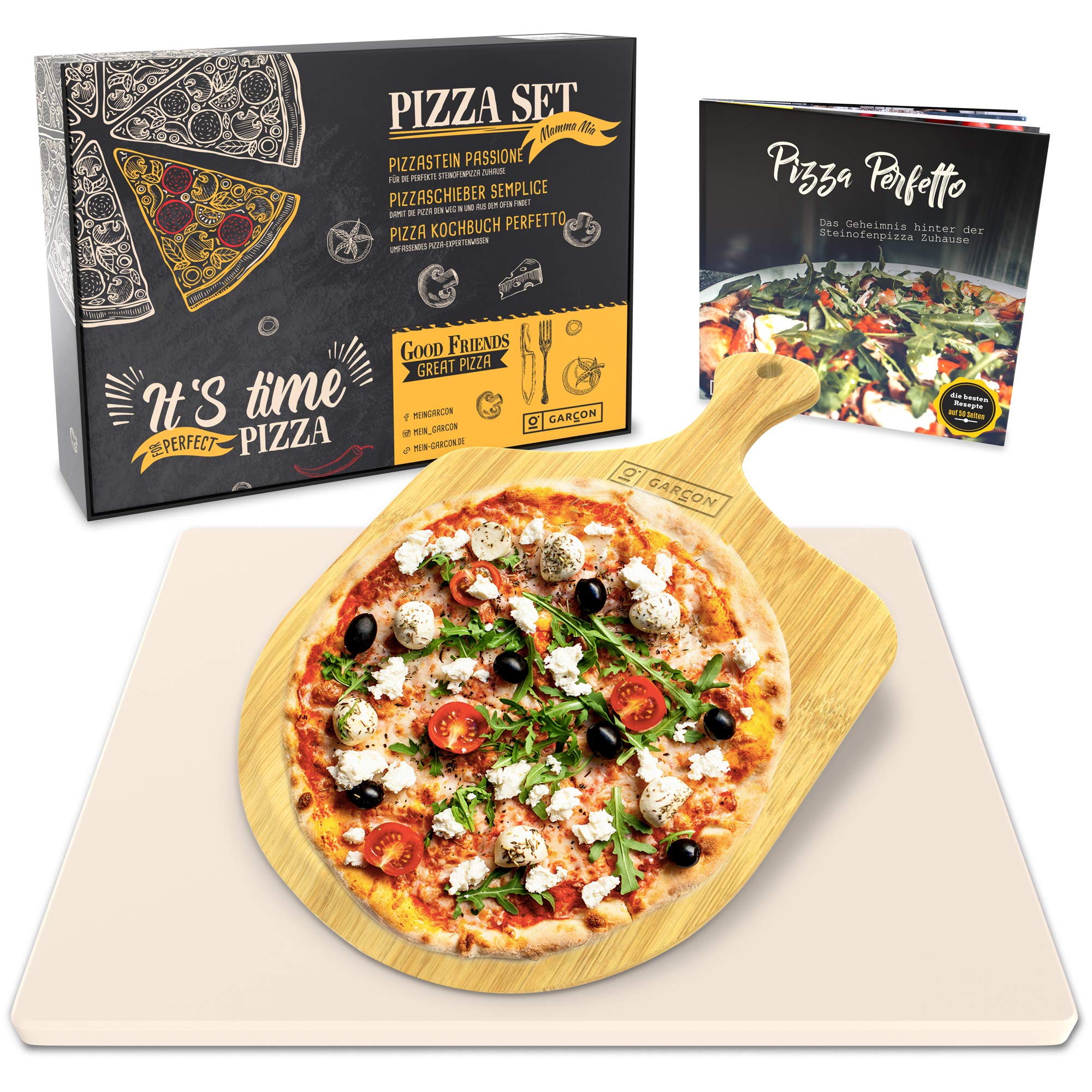 GARCON Pizzastein Set eckig – Pizza Stein für Backofen & Grill, 3-teilig inkl. Pizzaschieber & Rezeptbuch, ideal für Pizza, Flammkuchen & Brot, knuspriger Steinofenboden