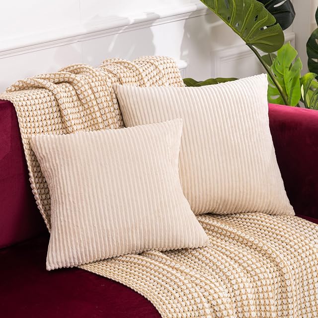 Amazon Brand - Umi Cream Cushion Covers 50cm x 50cm - Flannel Large Square Cushion Covers 20x20 Inches, Decorative Throw Pillow Cases - for Living room, Bedrooms, Sofa, Chair, Car, Bed, Set of 2