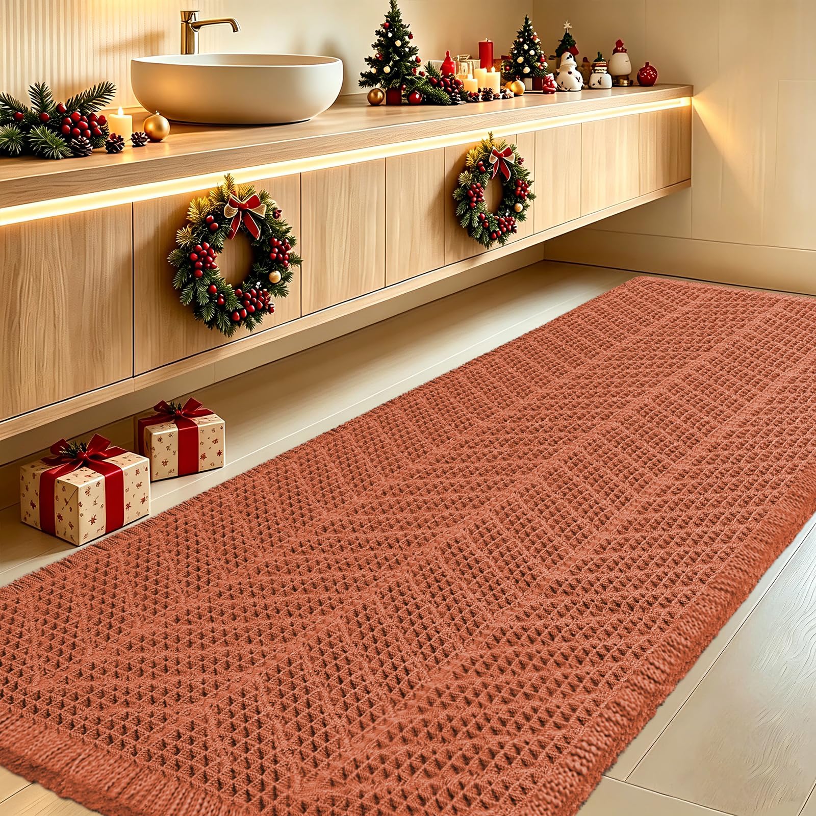 IM HOME Extra Large Waffle Bath Mat, Boho Bathroom Rugs Absorbent Non Slip, Ultra Soft Bathroom Mat, Machine Washable Knit Bath Rugs with Herringbones for Bathroom,Bedroom,Shower,6'x2', Burnt Orange