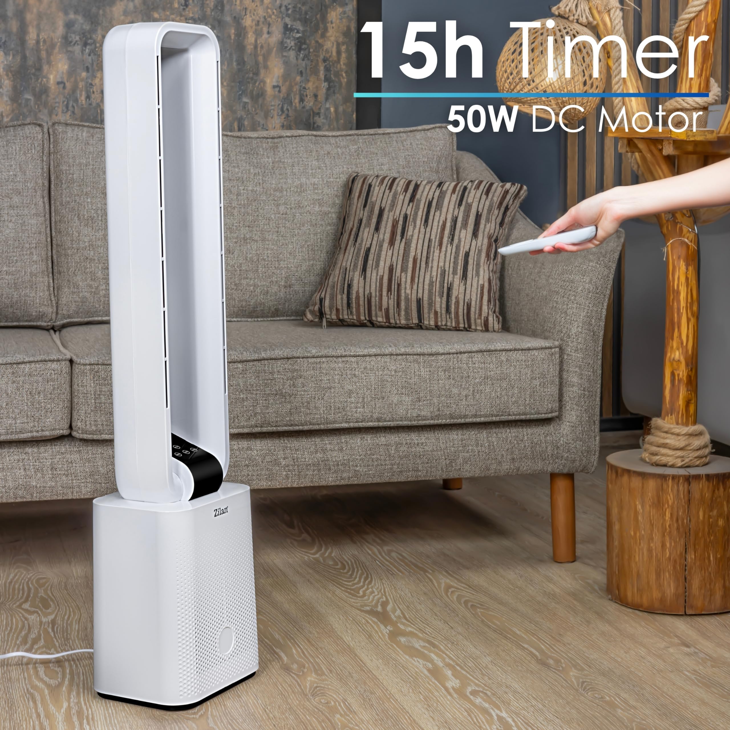 Zilan Turmventilator Blattlos Leise Standventilator mit Fernbedienung 12 Stufen 3 Modi BLDC Motor 45° Oszillation Timer 15h LED Display Säulenventilator Tower Fan Energiesparend Wanda White