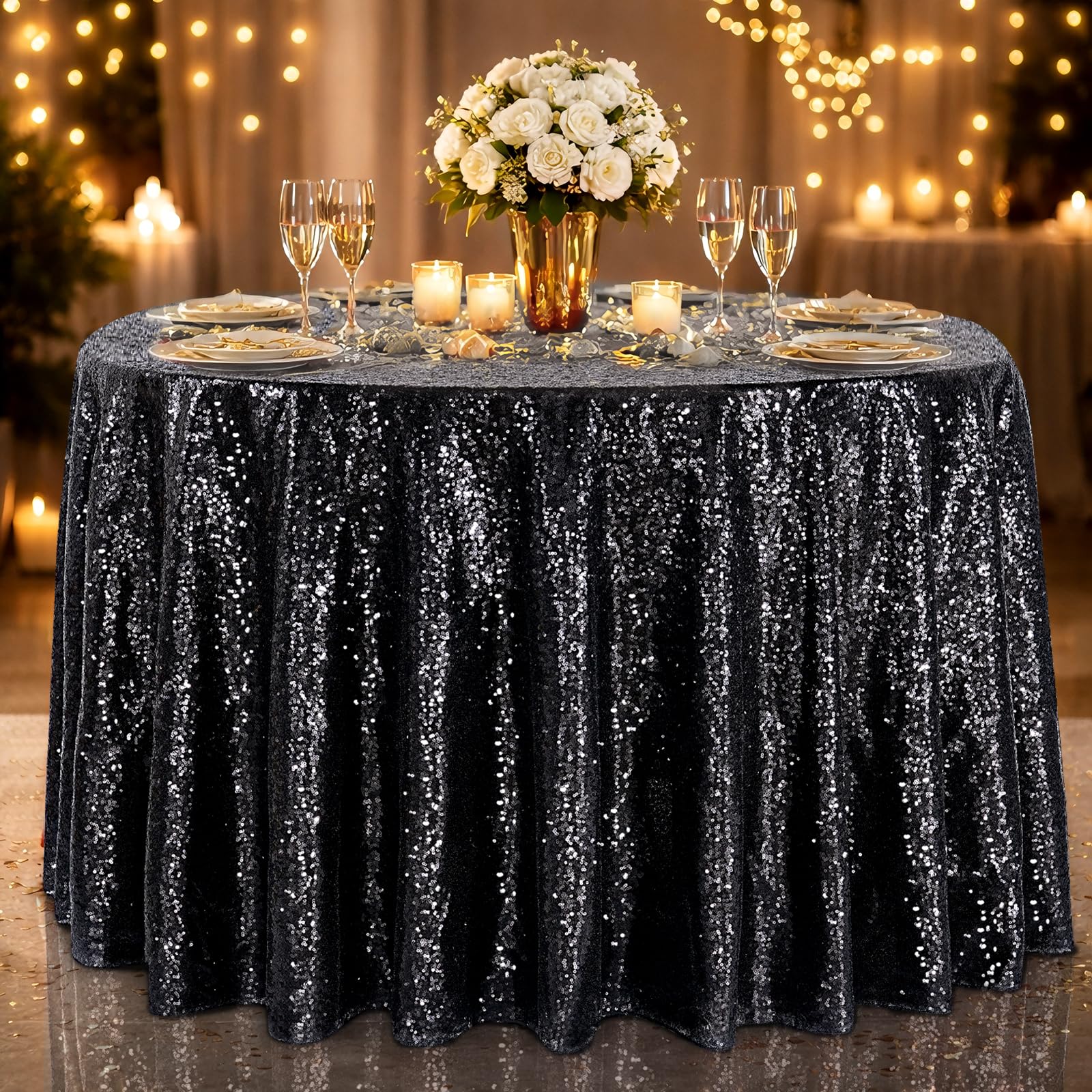 B-COOL Black Sequin Tablecloth Parties Decor Round Sequin Overlay Shimmer