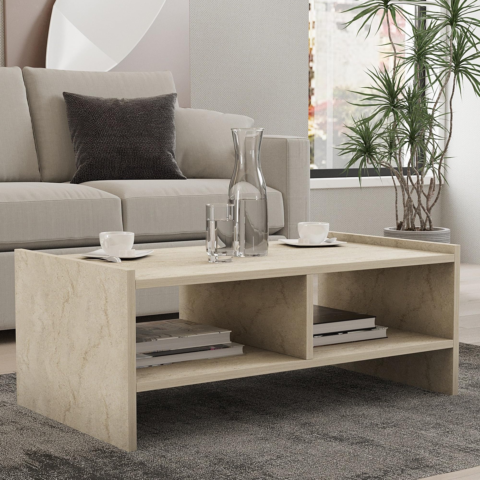 Dmora Ornalo Table Basse 90 x 50 x 35h cm Beige marbre 2 Compartiments Forme rectangulaire, dégradé Couleur Plateau marbre