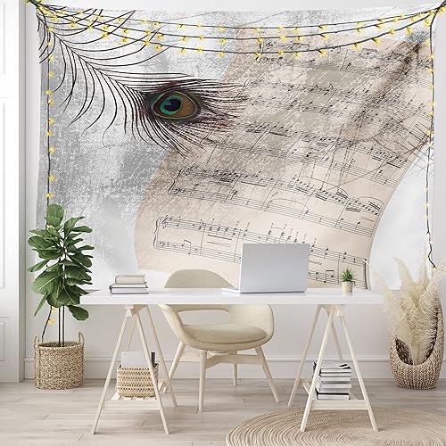 Miniatura 6 de Ambesonne Tapiz de pavo real, hoja de notas musicales, textura de plumas de animales, mal de ojo sobre tema musical de estilo antiguo, para colgar