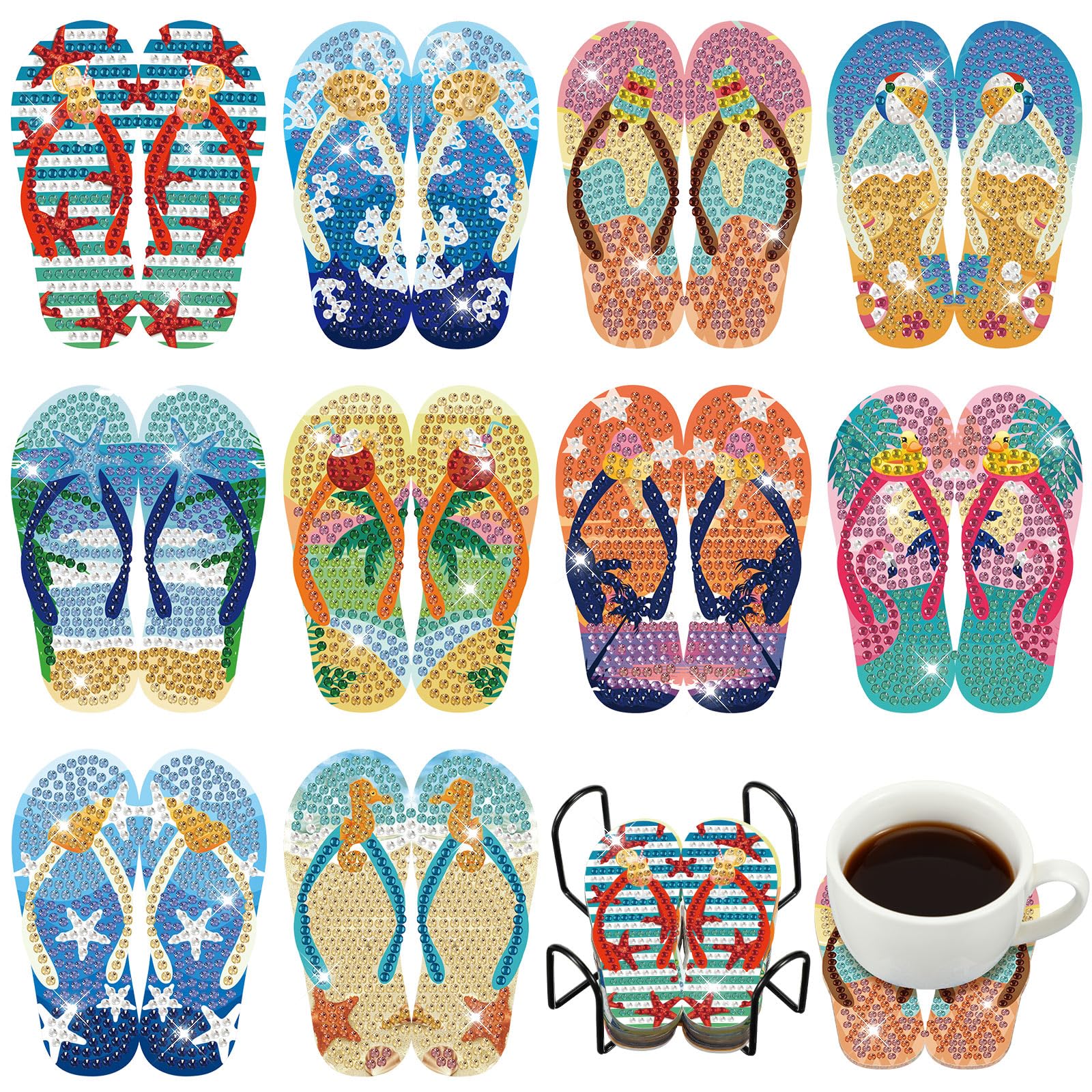 10 Pcs Summer Beach Diamond Art Coasters Slippers Tropical Hawaiian Diamond Painting Coasters Ocean Flamingo Starfish Beach Art Kits for Crafts