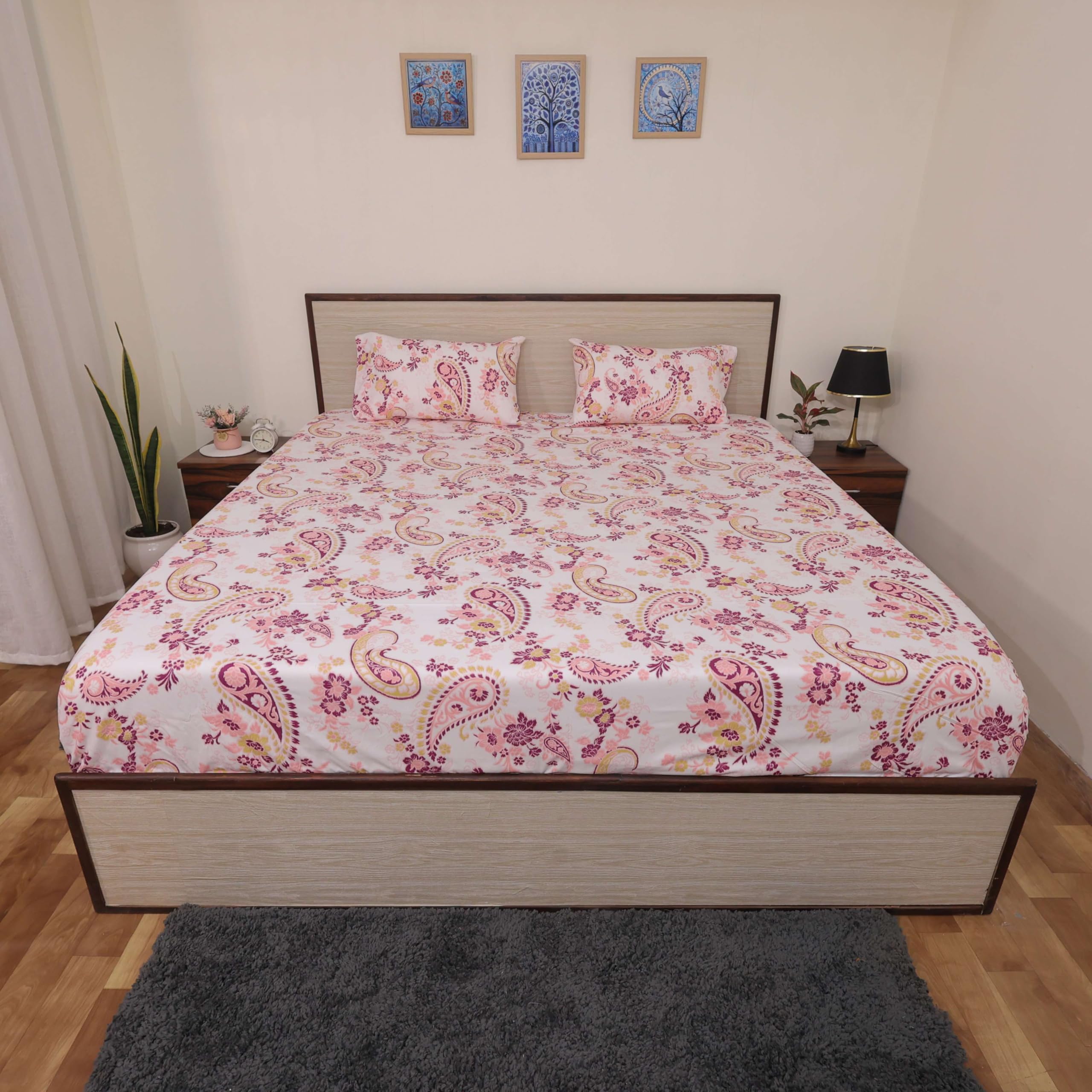 Cottington Lane Microfiber 144 TC Printed Bedsheet for Double Bed with 2 Pillow Covers for Summer Breathable Soft Wrinklefree Soft Touch & Skin Friendly,90x100 Inches, Paisley Pink