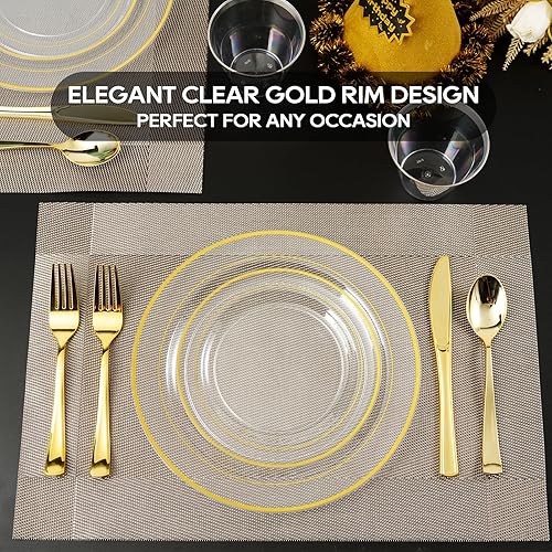 Miniatura 6 de FOCUSLINE 100 Count Clear Gold Plastic Plates 10 Inch, Disposable Heavy Duty Clear Plates with Gold Rim, Premium Hard Plastic Plates Fancy