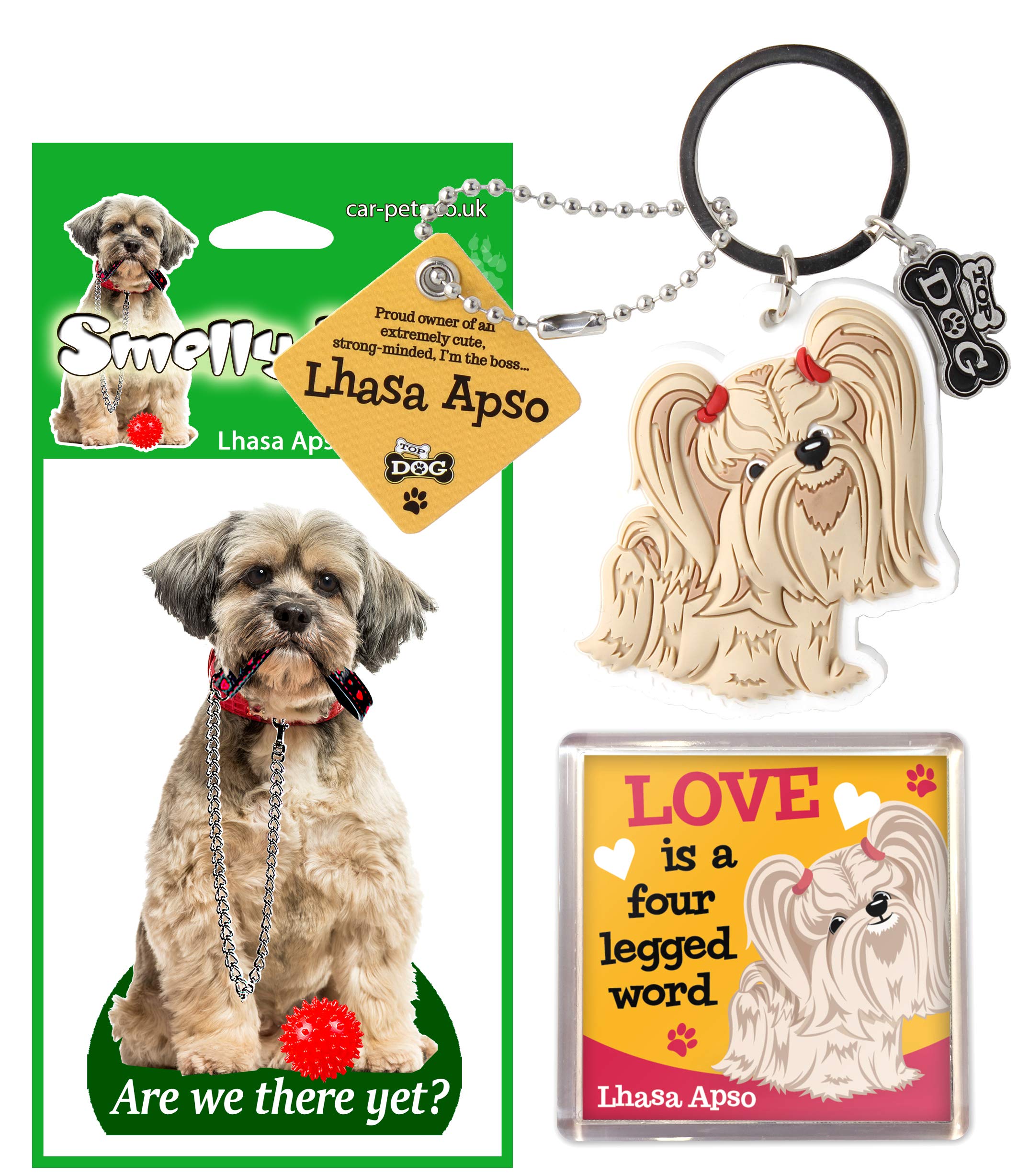 Lhasa Apso Dog Lovers Keyring Gift Set. Key Ring, Fridge Magnet and Car Air freshener
