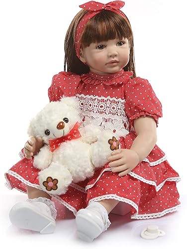 Muñeca Reborn de 24 pulgadas de vinilo de silicona suave, cuerpo de algodón, princesa niña, pintura de detalles de muñeca con diadema roja, regalo