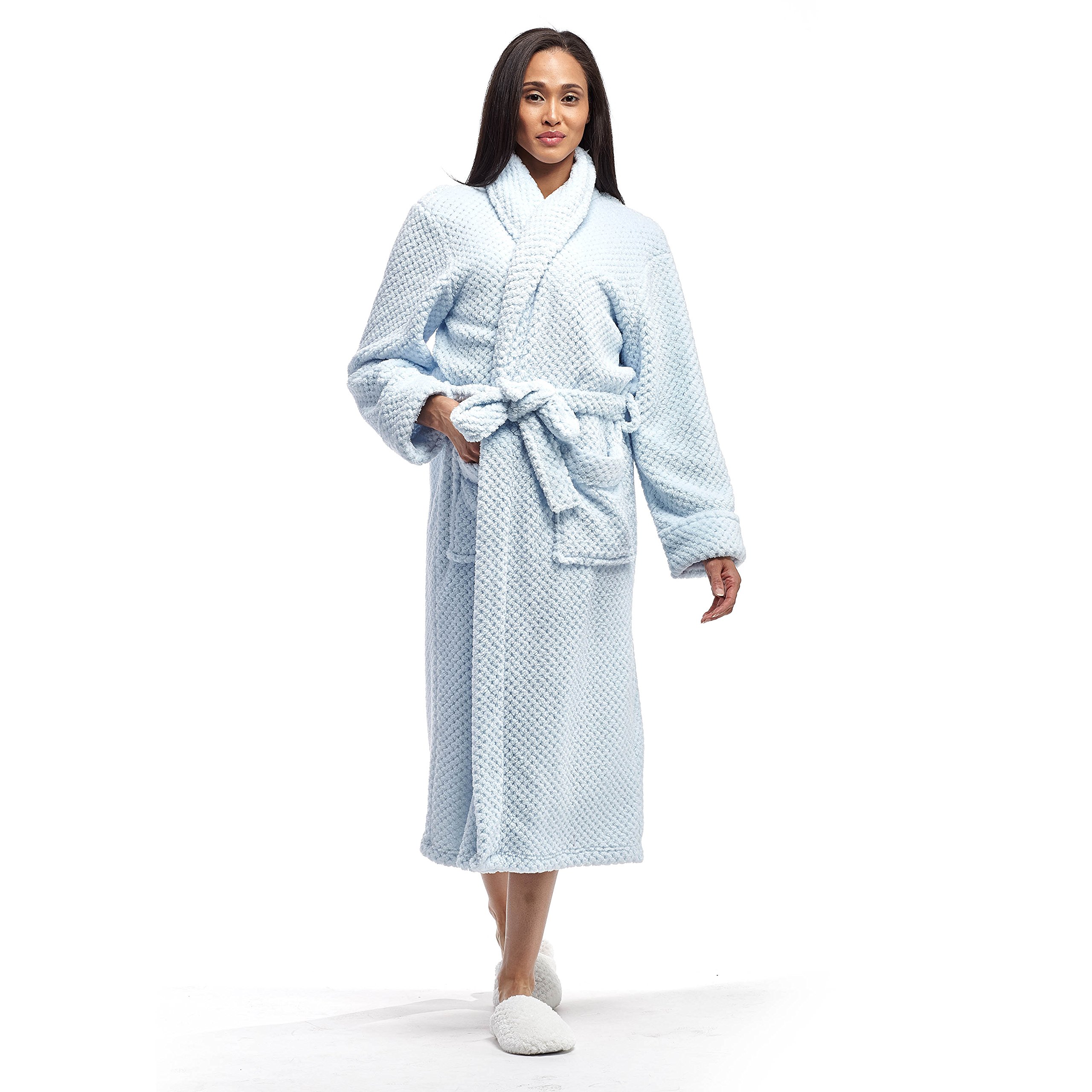 LA CERA Women's Fleece Robe - 100% Polyester, Honeycomb Pattern, Long Sleeve, Belted, Two Front Pockets, Stylish and Cozy