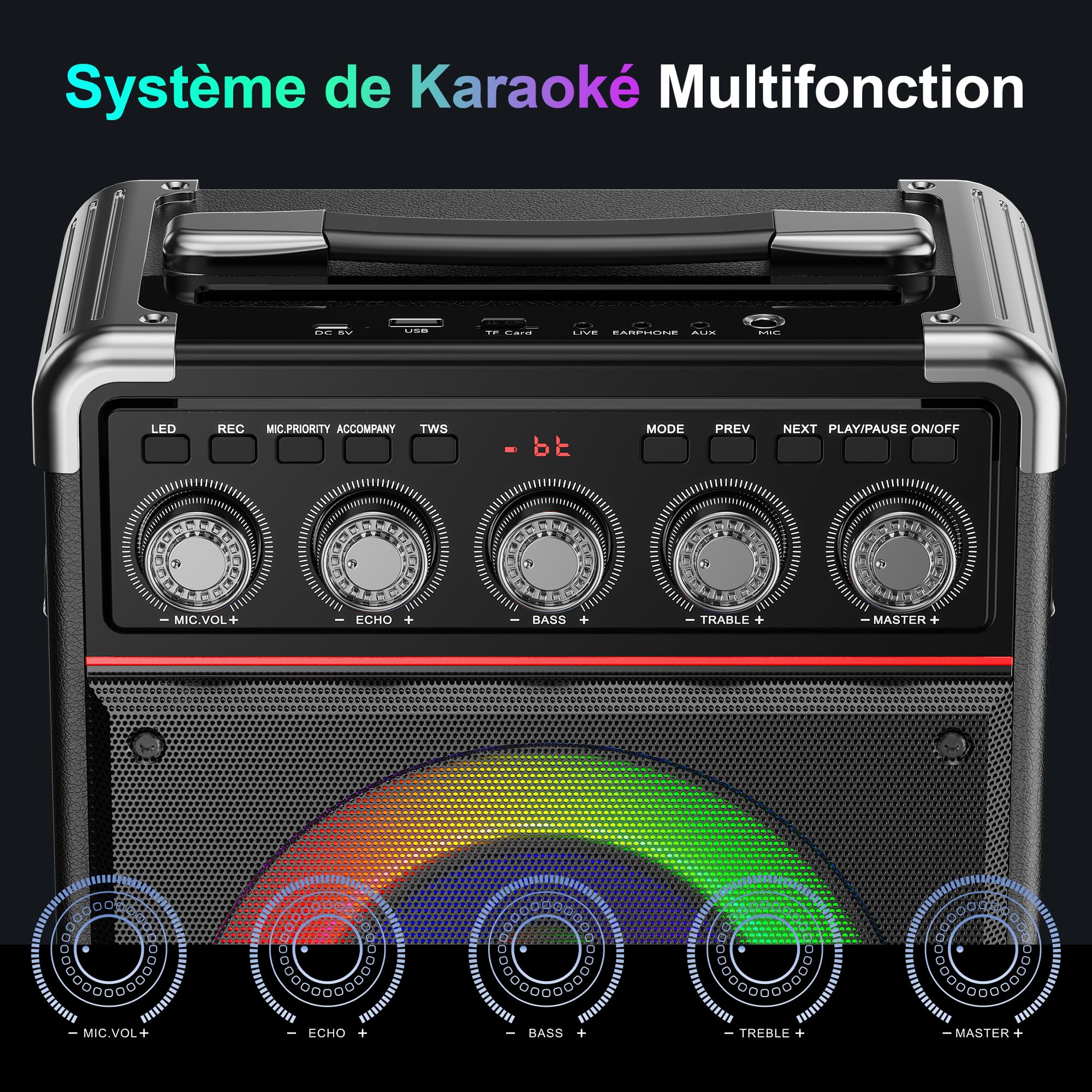 JYX Enceinte Karaoke 2 Micro sans Fil, 100W Puissance Karaoké Professionnel, Autonomie 24h, Processeur DSP Bicœur Karaoke Adulte et Enfant, Réglage Basse/aigu, Compatible TF/USB/AUX/TWS