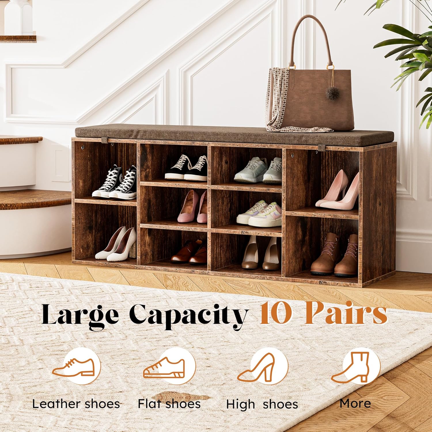 TJYGO Shoe Bench with Padded Seat and 10 Cubbies Instruction Manual