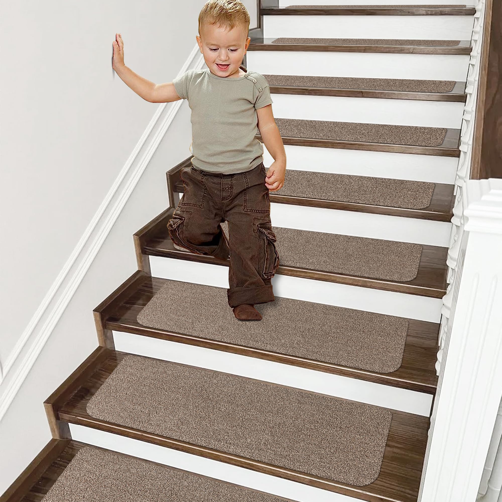 COSY HOMEER Stair Treads Non-Slip Carpet Mat 28inX9in Indoor Stair Runners for Wooden Steps, Stair Rugs for Kids and Dogs, 100% Polyester TPE Backing 4pcs,Beige,Protect Floor