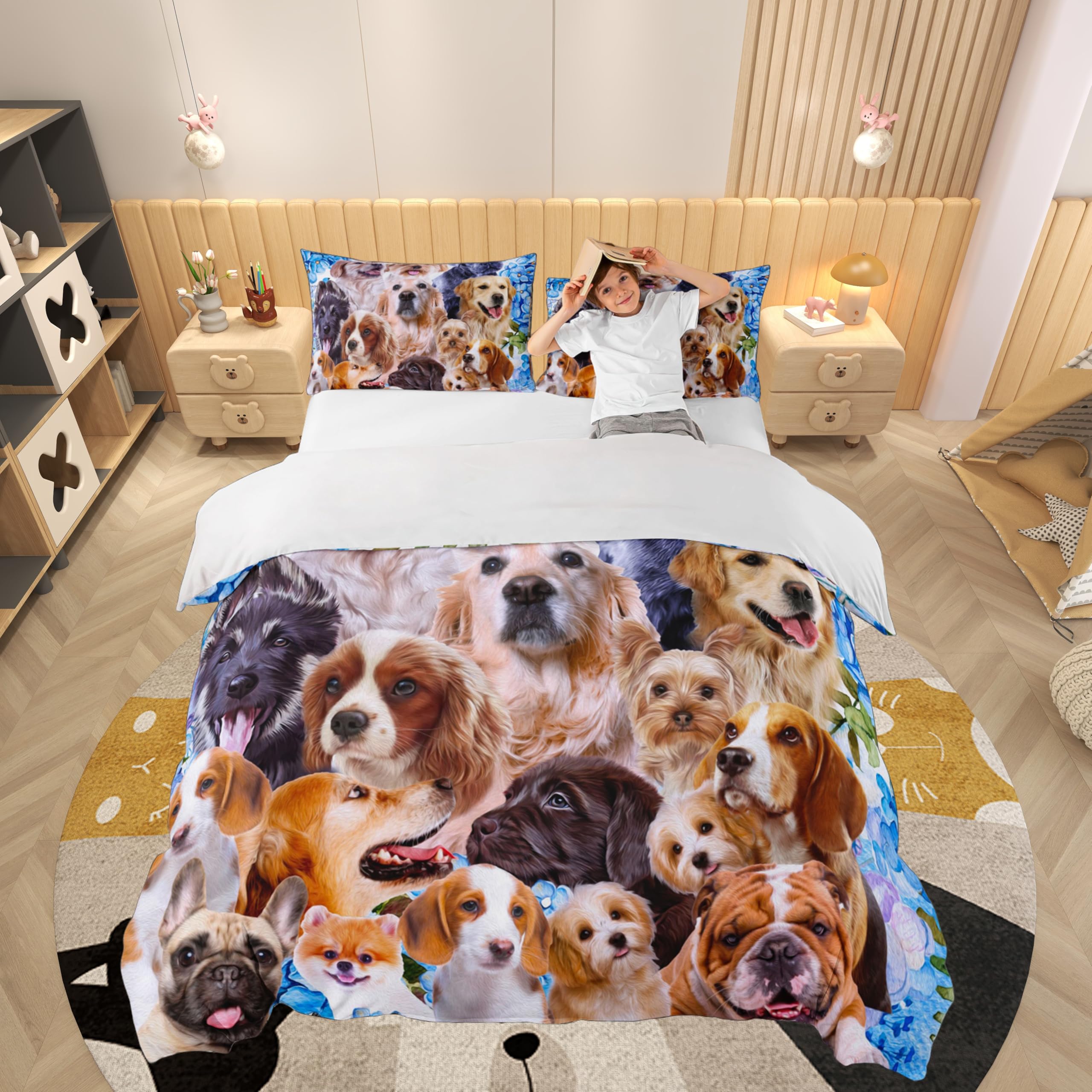 Loussiesd Dog Bedding Set Kids Cute Cartoon Dogs Duvet Cover for Boys Girls Pet Puppy Animal Lovely Bed Cover Pug Bulldog Collage Pattern Bedspread Cover Bedroom Collection 2Pcs Junior/Cot Bed Size