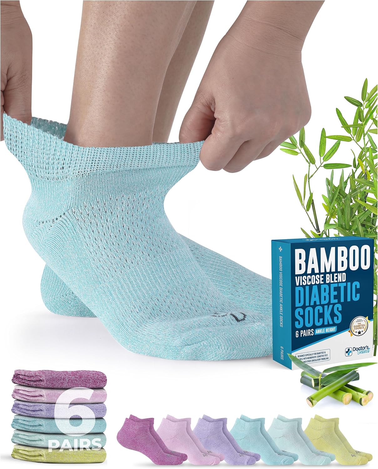Doctor's Select Viscose Bamboo Ankle Diabetic Socks for Women and Men - 6 Pairs | Super Soft, Non Binding, Loose Wide Top Pastel Colors - 6 Pairs Large