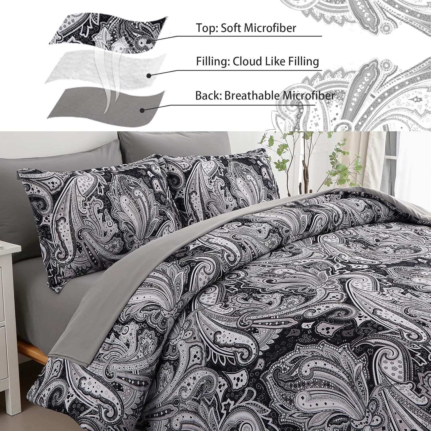 DJY Black Paisley Comforter Set King Size, 7 Piece Bed in a Bag Black Gray Boho Paisley Pattern Comforter Set, Soft Lightweight Microfiber Reversible Bedding Set for All Season (104''x90'') - Image 4