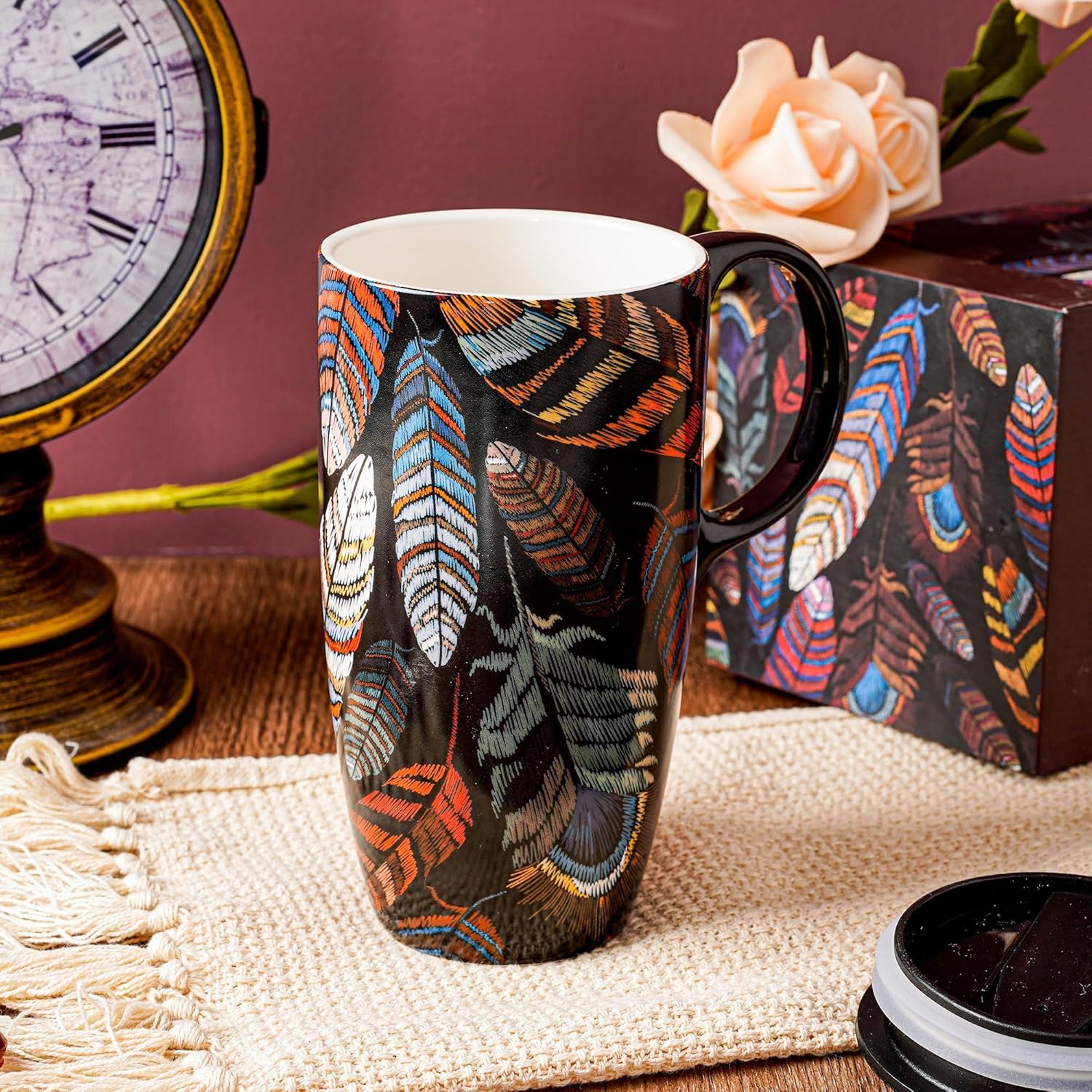 Topadorn Ceramic Coffee Mug Porcelain Latte Tea Cup With Lid and Present Box 17oz,Feather - Image 2
