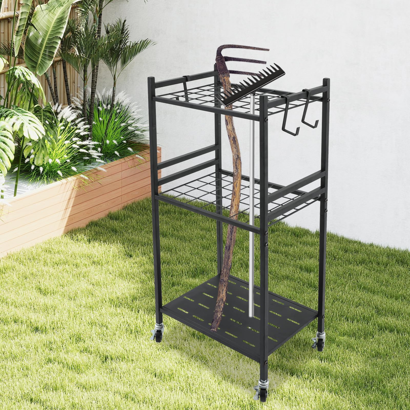 Soporte de metal para herramientas de jardín multiusos para la clasificación y almacenamiento de accesorios agrícolas y herramientas en el jardín, garaje con ganchos y ruedas