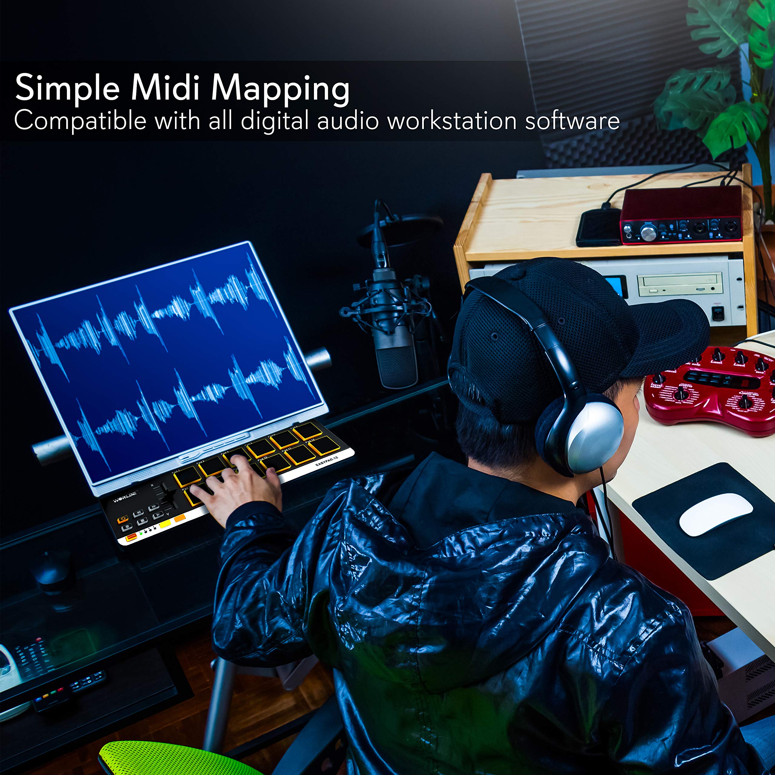 USB MIDI Controller Drum Pad - Mini Portable Beat Maker Workstation Equipment w/ 12 Drum Pads, DJ Fader Slider & Transport Buttons - Control any DAW Software Kit for Laptop Recording - Pyle PMIDIPD20 - Image 4