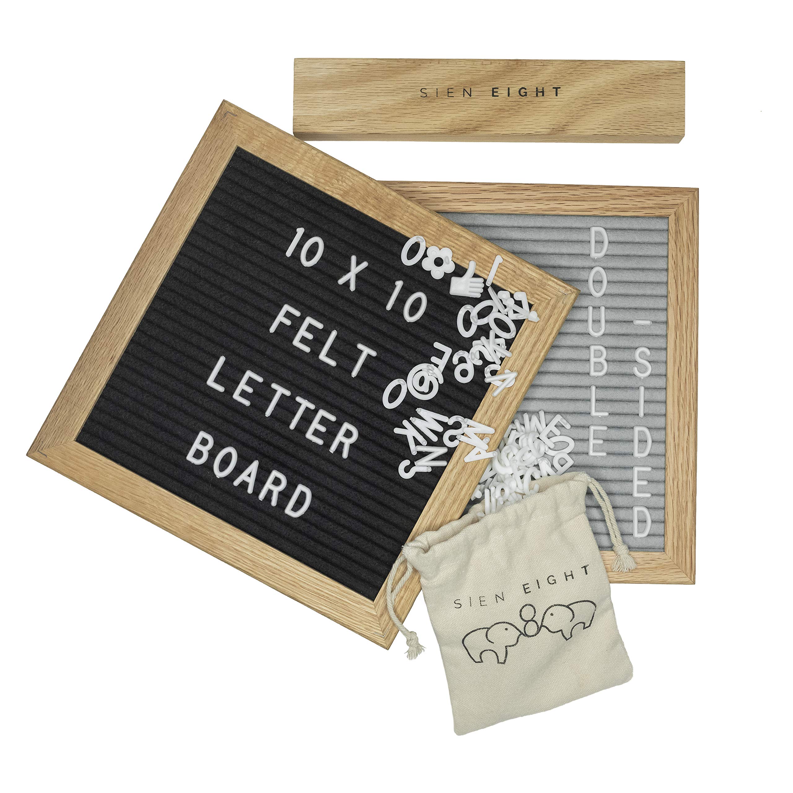 Felt Letter Board Sign by Sien Eight - 10x10 Premium Oak Wood Frame Message Sign with Stand - Double Sided Gray and Black Display - 340 Changeable Pre Cut White Letters Numbers Emojis and Symbols