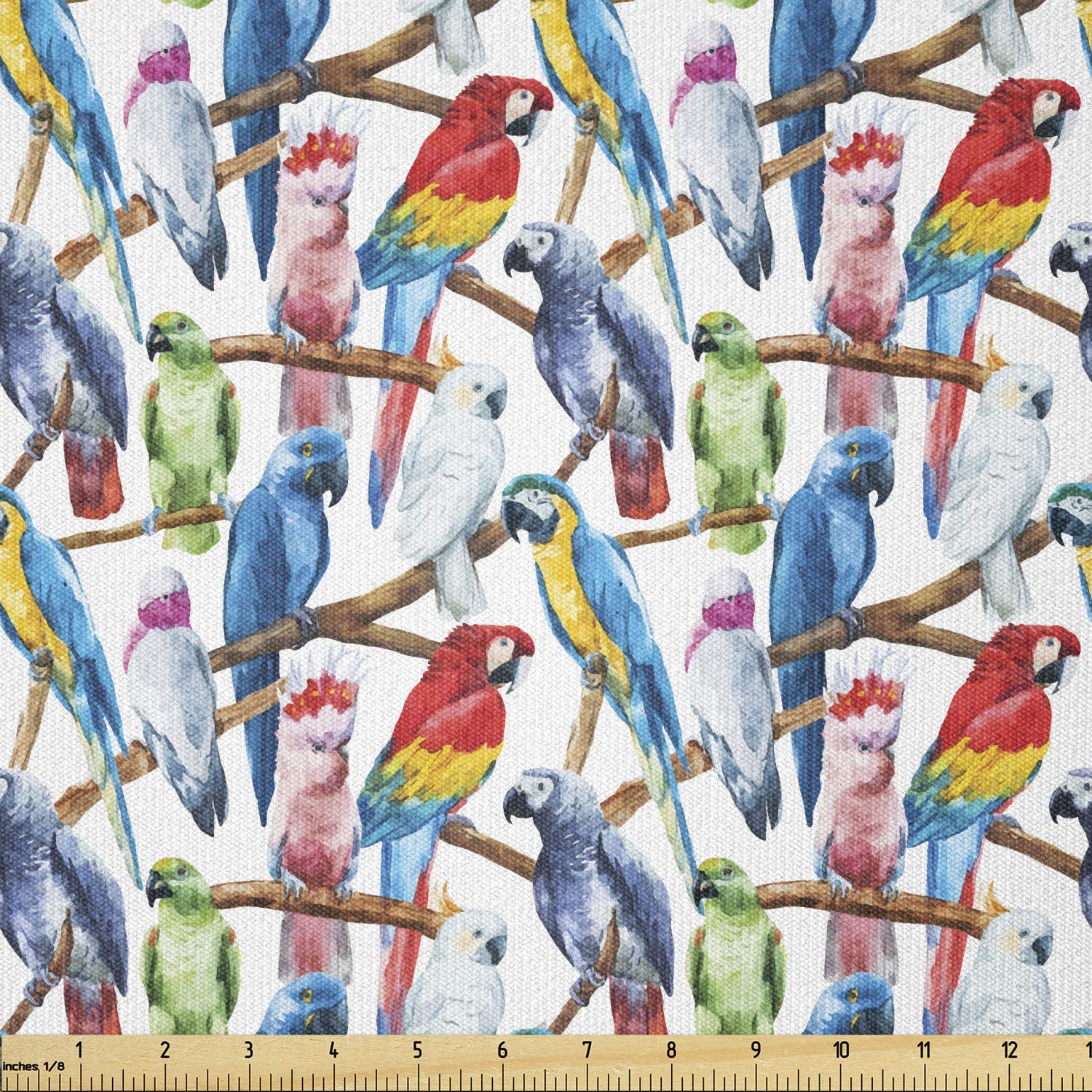 Lunarable Parrots Fabric by The Yard, Colorful Parrots on Tree Branches Exotic Jungle Theme Watercolor Painting Effect, Stretch Knit Fabric for Clothing Sewing and Arts Crafts, 1 Yard, Cobalt Red