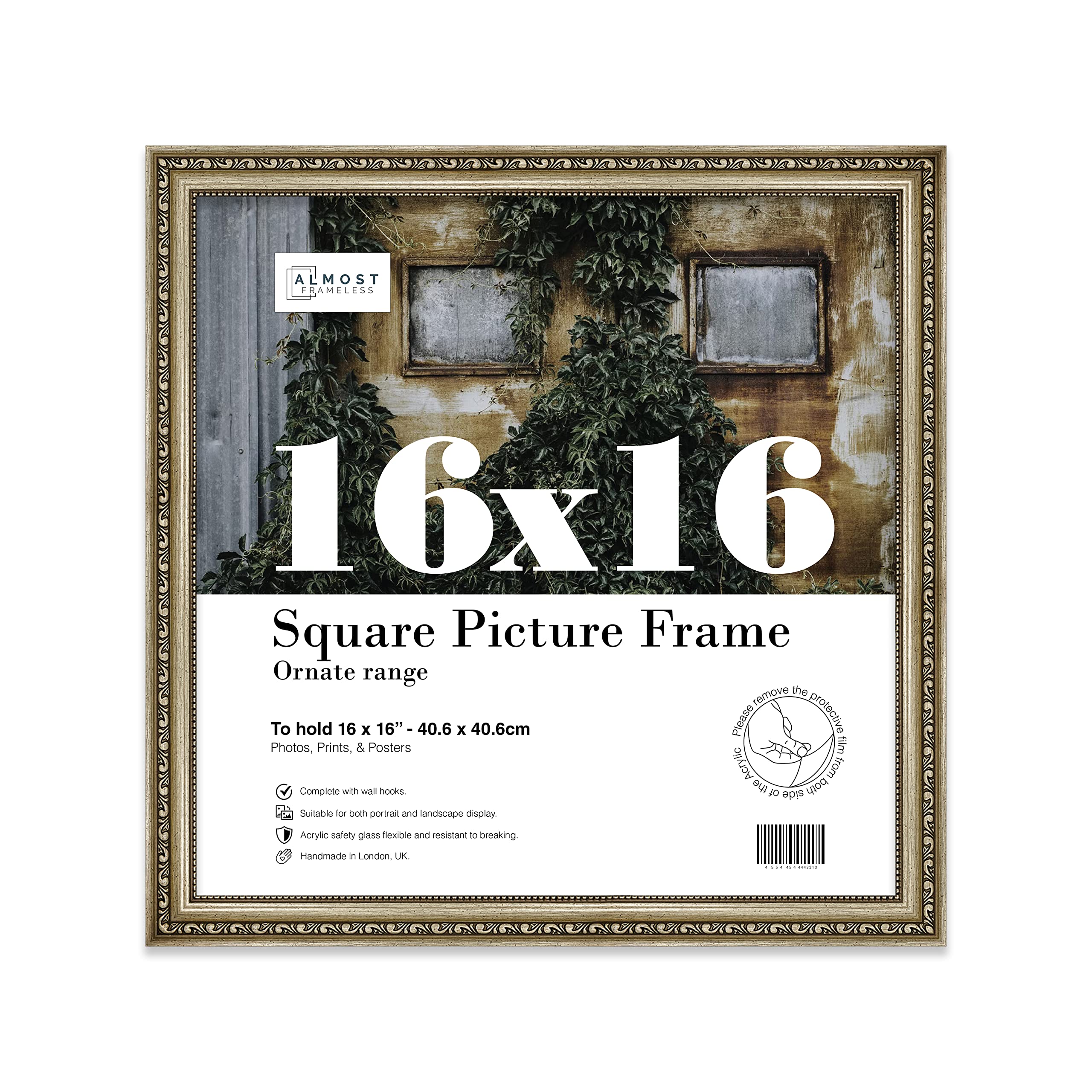 Almost Frameless 16x16 Champaign Ornate Picture Frame 16"x16"(40.6x40.6cm) Poster, Photo, Artwork, or Print. Baroque Style Portrait and Landscape Display with Wall Hooks โ image 1