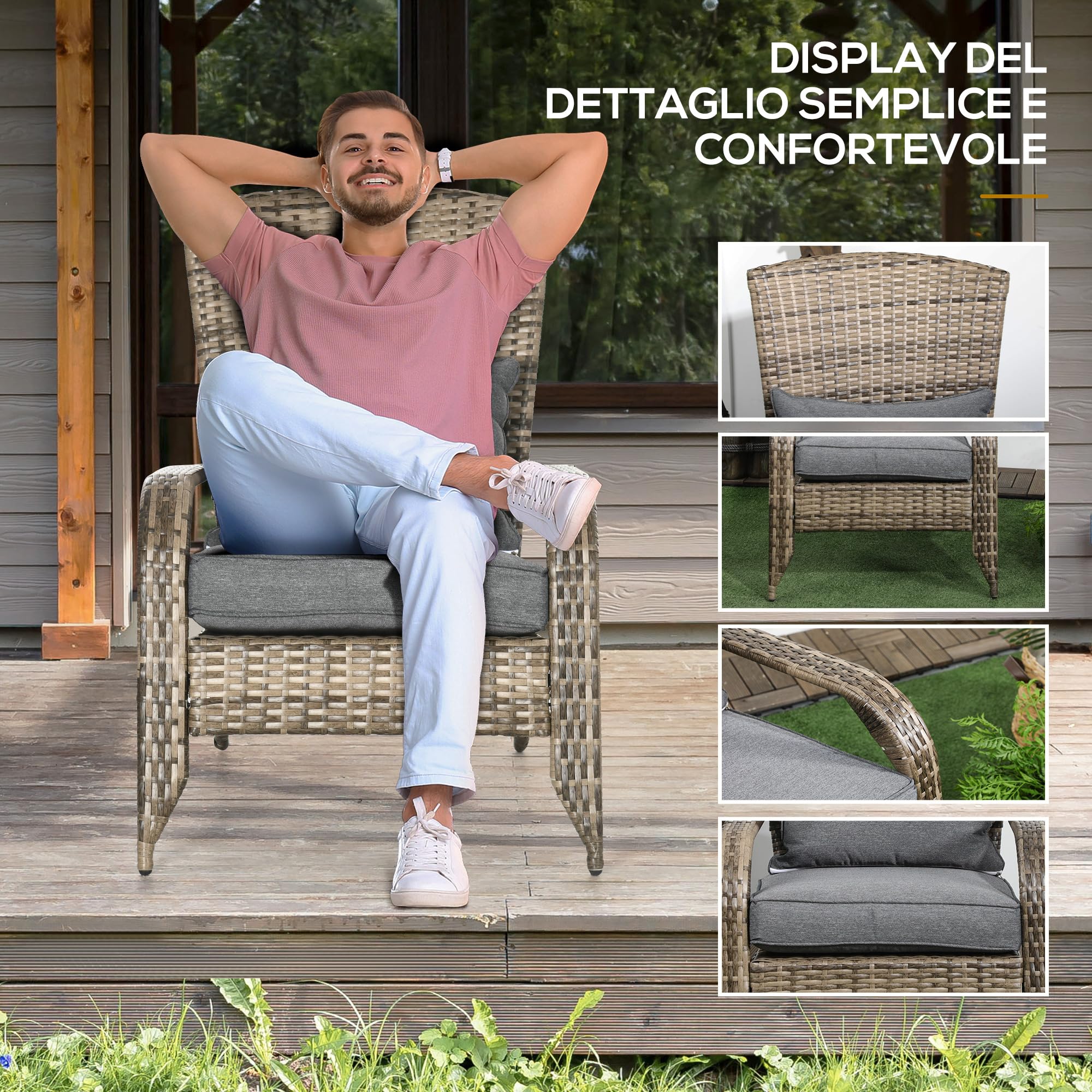 Outsunny Adironrack Silla de jardín con reposabrazos y Cojines, Silla de ratán y Acero para Interior y Exterior, 64x80x90 cm, Mezcla de marrón y Gris Oscuro