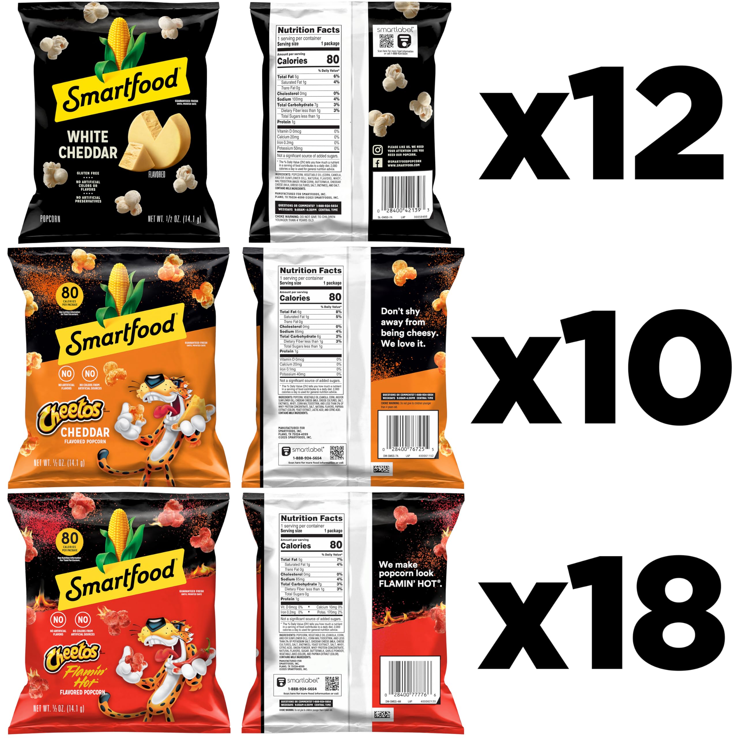 Smartfood Popcorn Flamin' Hot & White Cheddar Variety Pack of Whole Grain Snacks, White Cheddar Flamin' Hot & White, 40 Count
