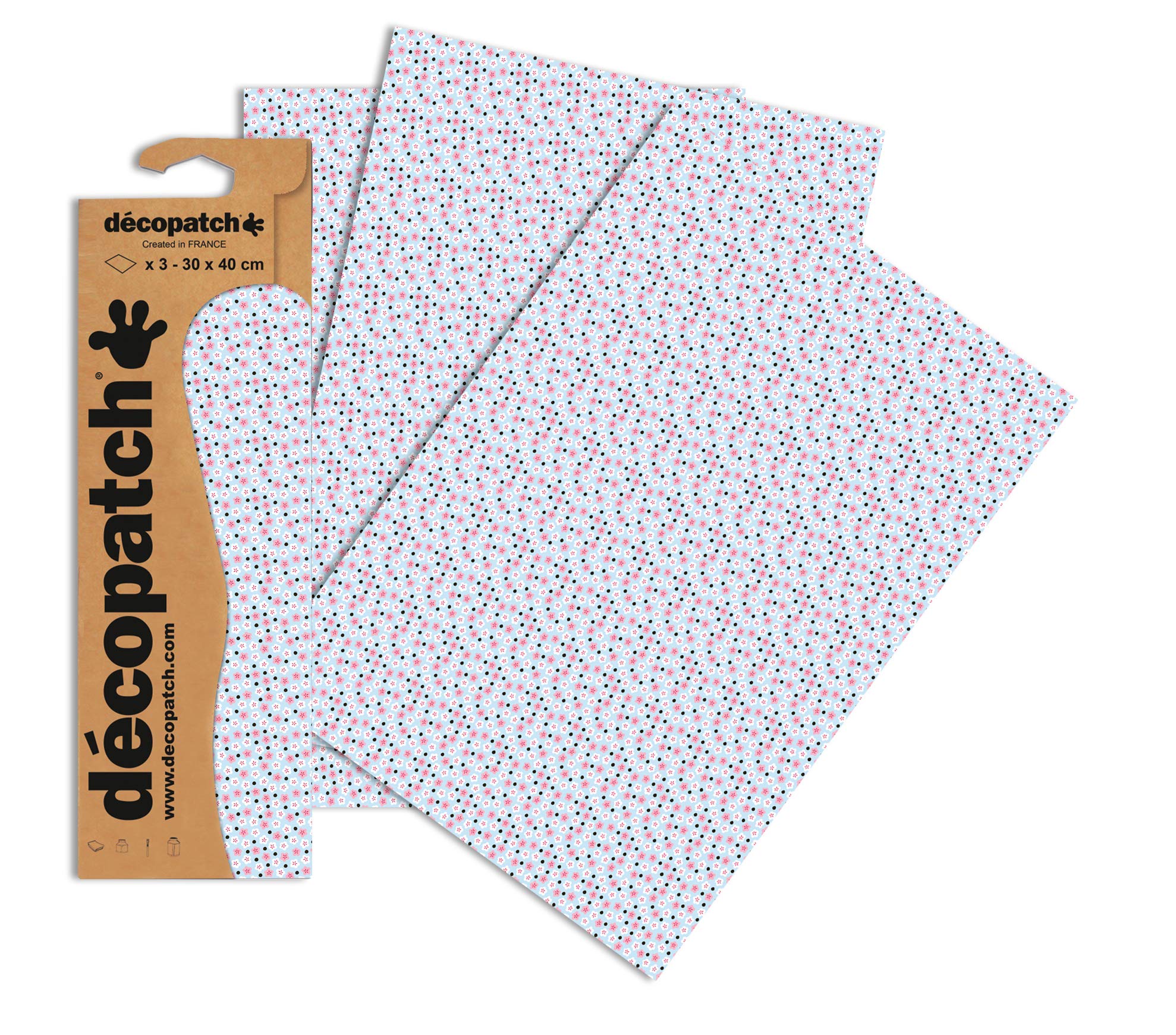 Décopatch - Ref C661O - Blue, White & Pink Floral Pattern Paper Pack - Each Sheet 30 x 40cm, Pack of 3 Paper Sheets - Best Used With Décopach Glue & Varnish, Multicoloured
