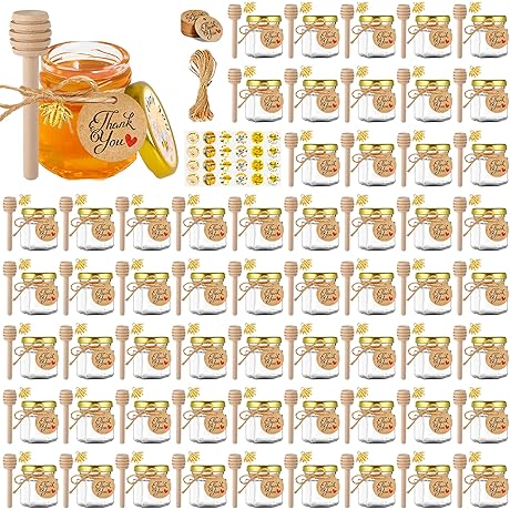 Hexagon Honey Jars with Wood Dippers: Perfect for Weddings, Jams, and Party Favors