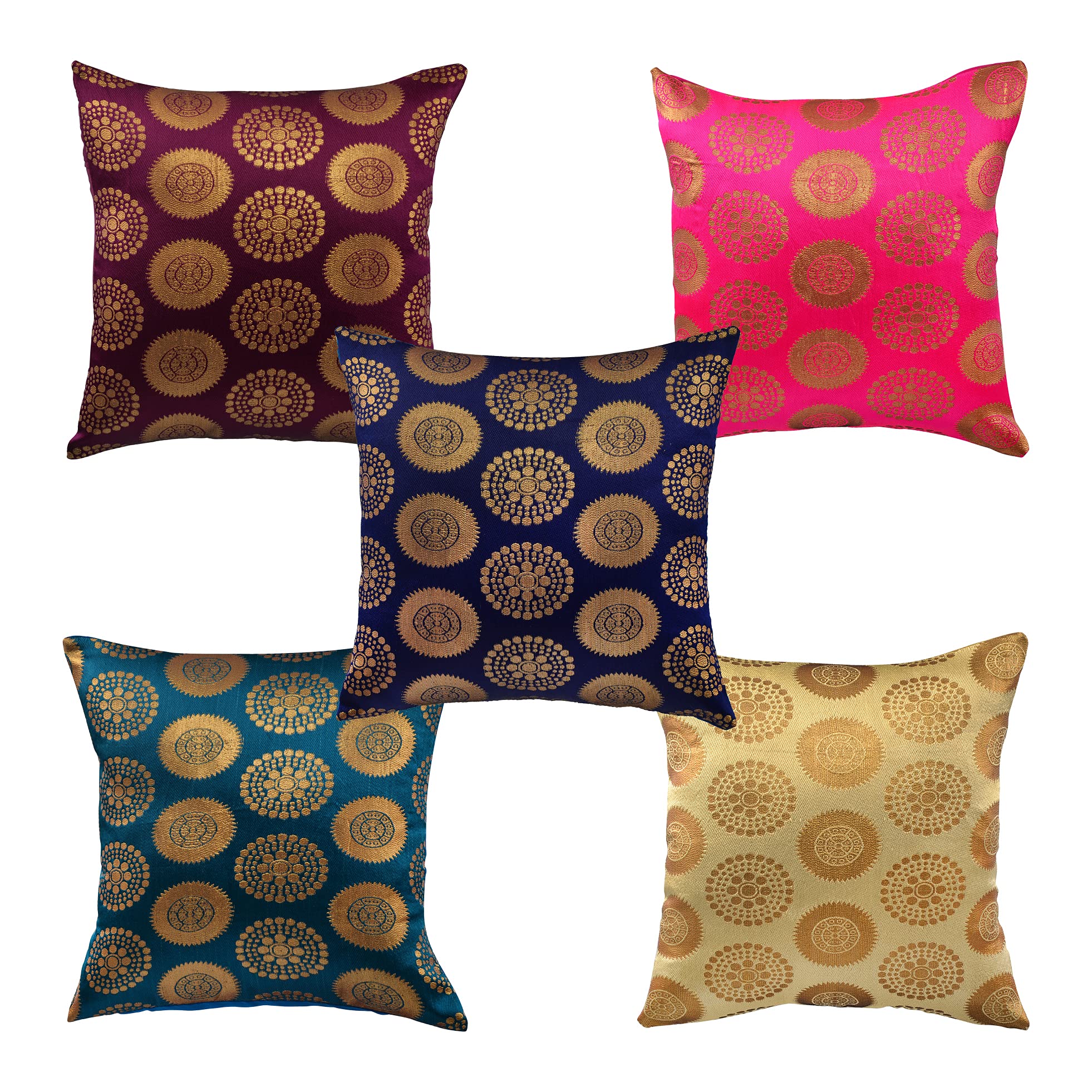 KREEVAL Dupion Silk 150TC Designer Decorative Square Cushion Cover |Cushion Case or Throw Pillow Cushion Covers 16 INCH x 16 INCH or 40cm X 40cm Set of 5-Multicolour for Home Or Car