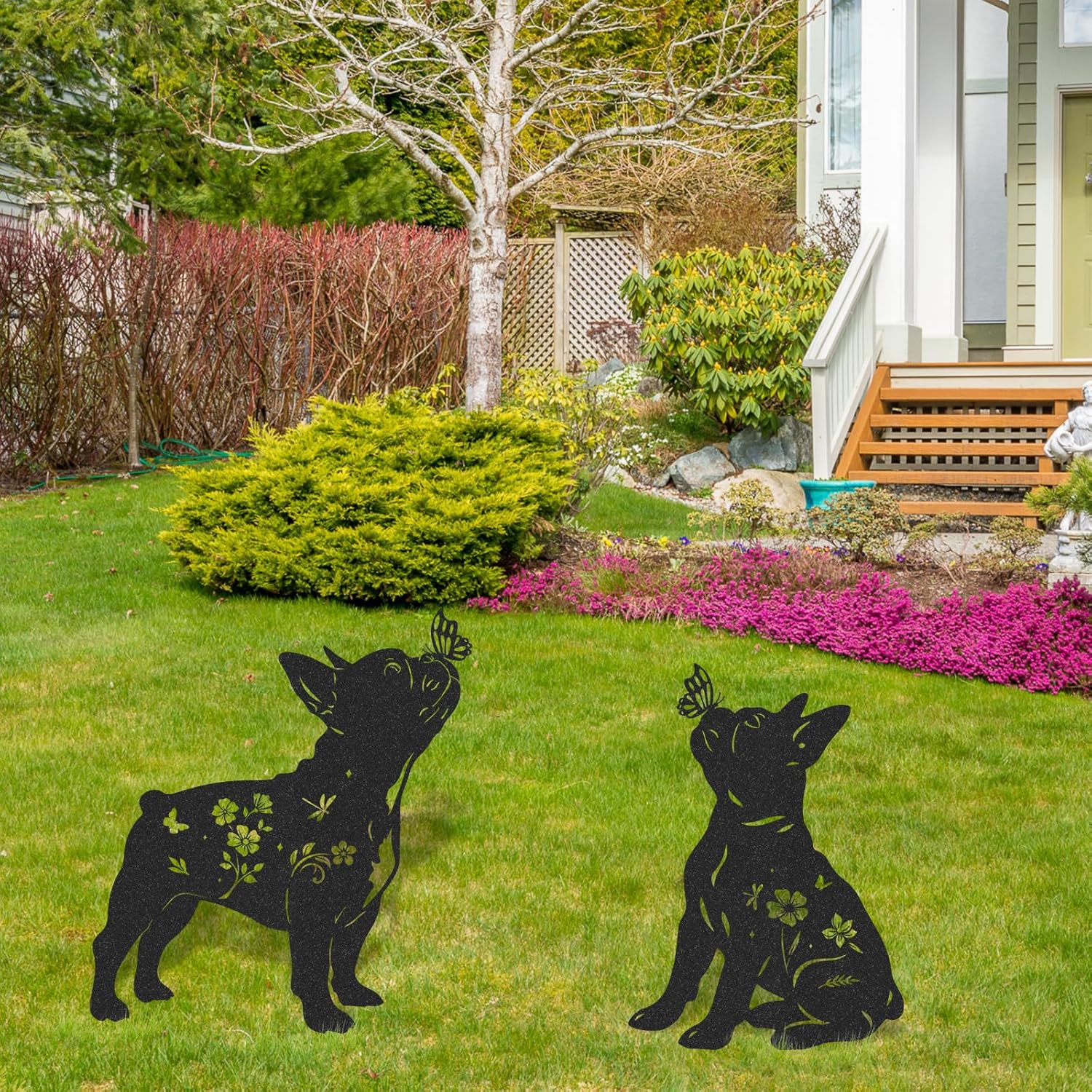 French Bulldog Garden Decor - 2 Pcs Metal Animal Statue Gifts Set for Dog Lover Black Yard Stakes Decorations with Butterfly Flower Silhouette Outdoor Sign Patio Lawn Pathway Art Ornaments - Image 4