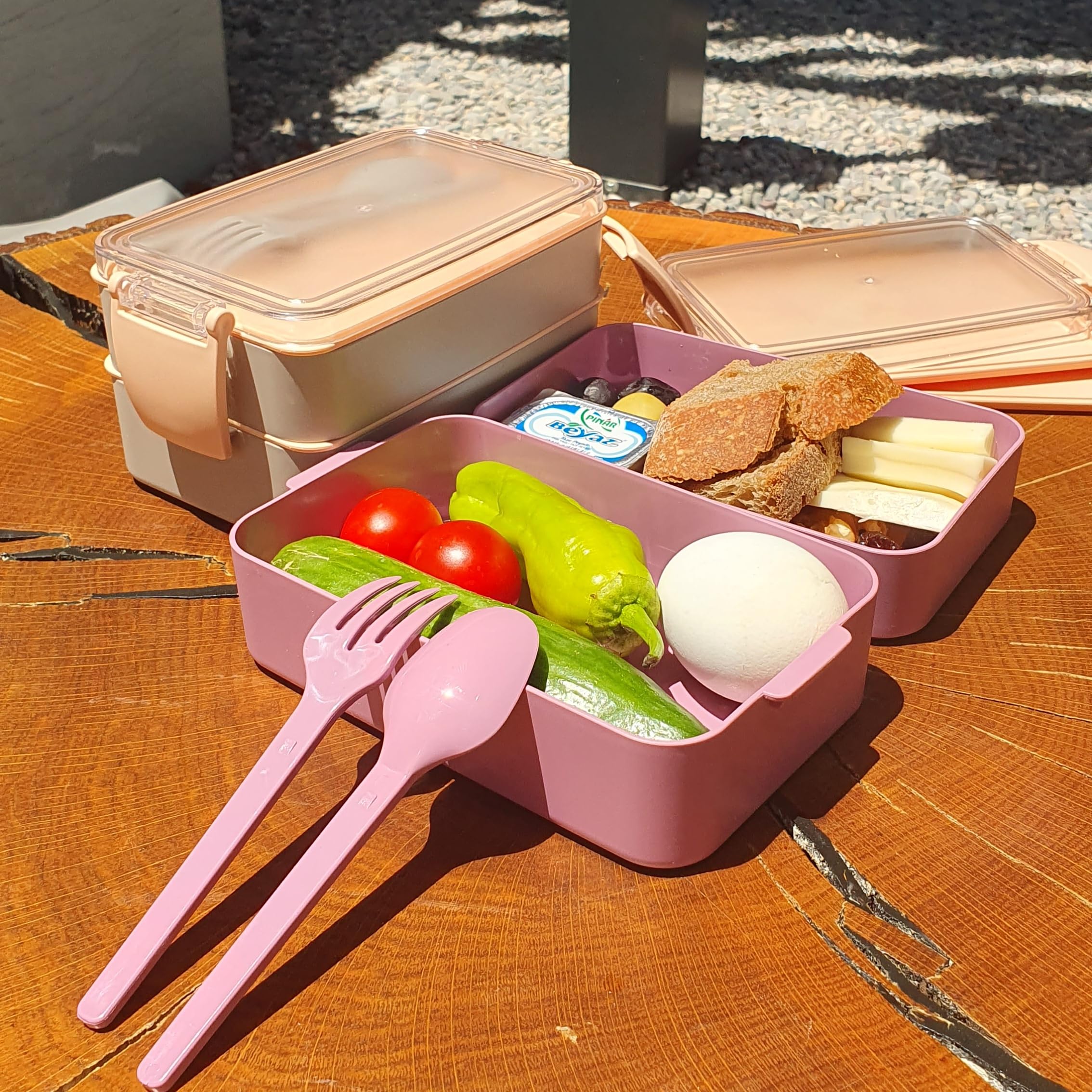 salda Stackable Bento Box | Premium Adult Lunch Box with Utensils | Microwave and Dishwasher Safe (Pink and Gray)