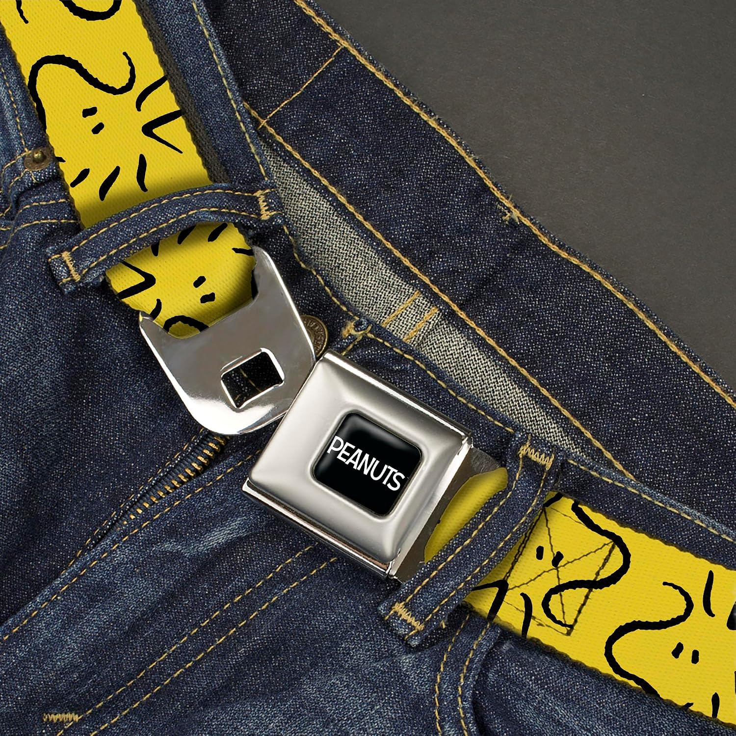 Peanuts Worldwide LLC Belt, Seatbelt Buckle Belt, Peanuts Woodstock Line Face Line Art Black, Adjustable
