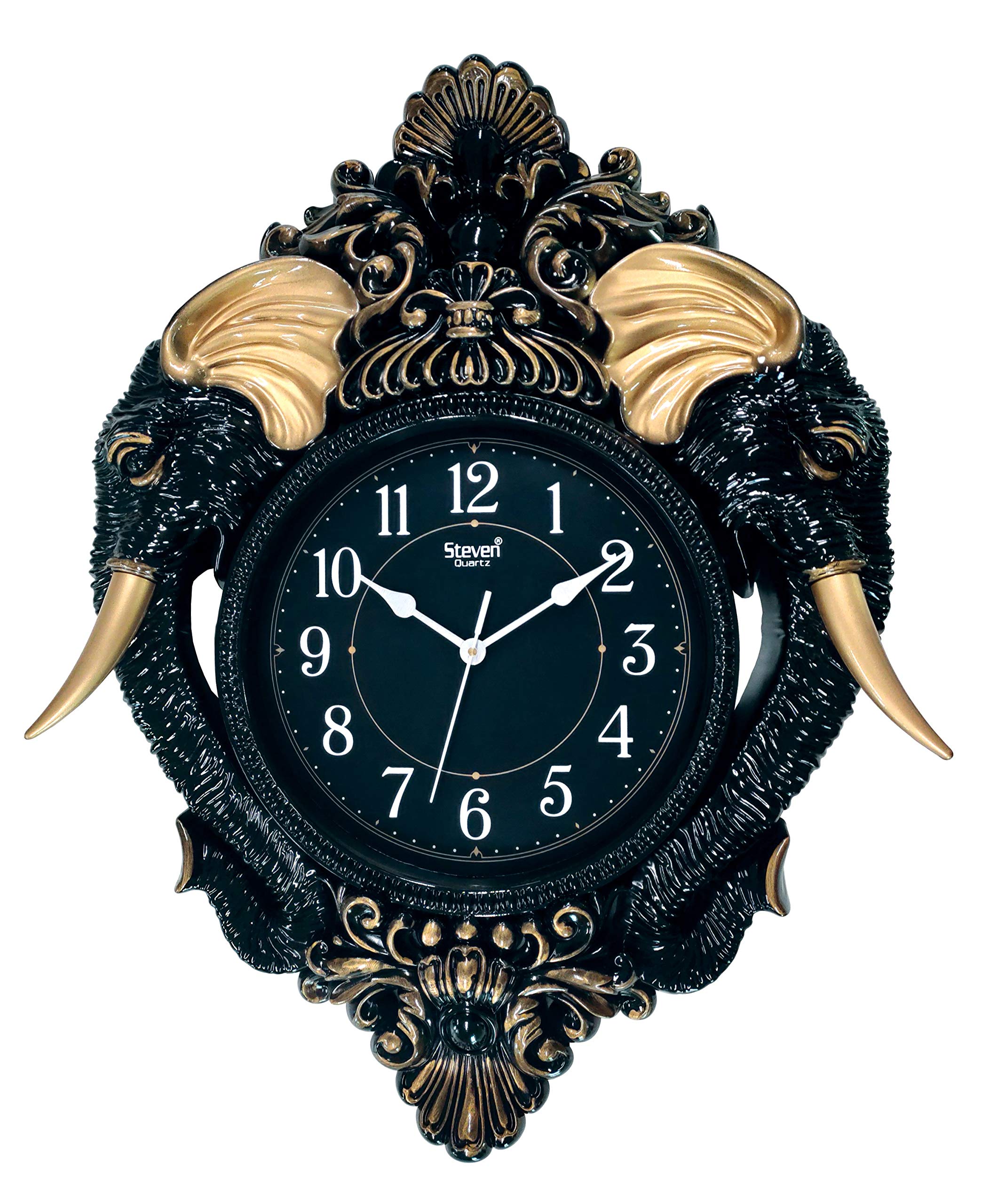 STEVEN Tooth of Elephant Design Quartz Analogue Vintage Wall Clock (Black, 60 x 48 cm)