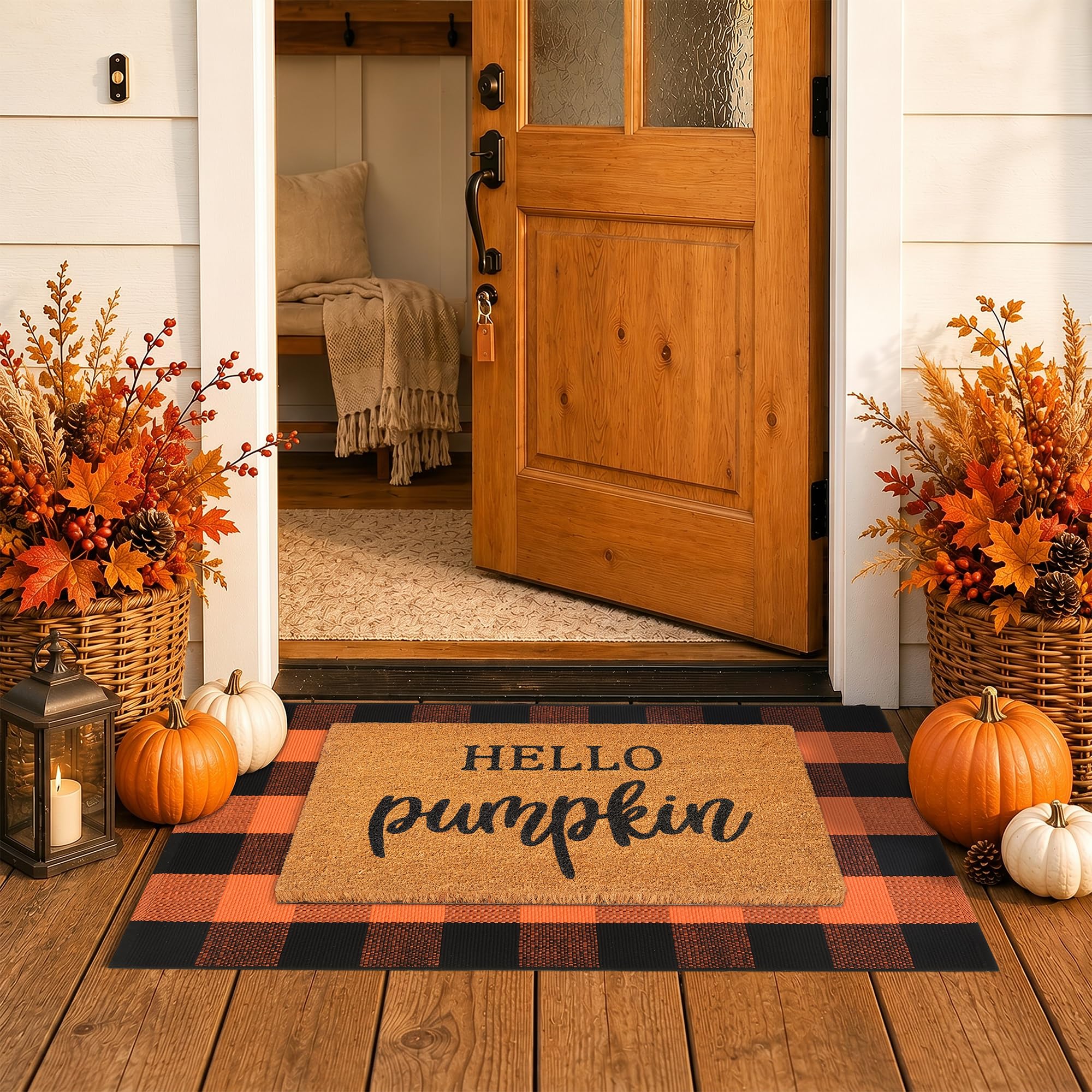 Best Halloween Porch Decor Sets — Complete Your Spooky Entrance 1 Homydecor Fall Decor Door Mat Combo Set — 100% coco coir welcome mat + orange and black plaid rug
