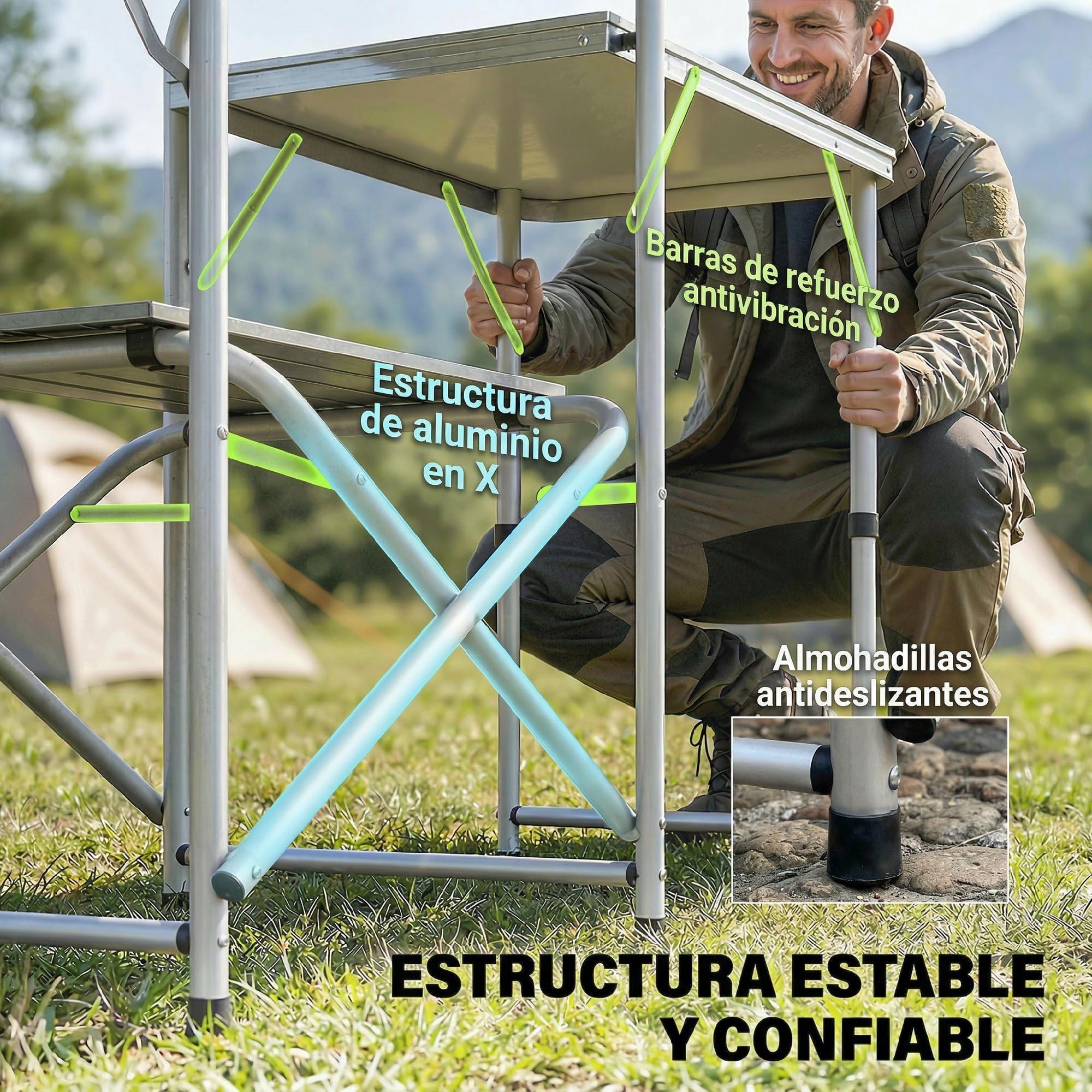 Outsunny Mueble Cocina Camping Armario Camping Plegable con Mesas Armarios Ganchos Estructura de Aluminio Poste de Luz Ajustable Paravientos y Bolsa de Transporte para Acampada 172x48x130 cm Verde
