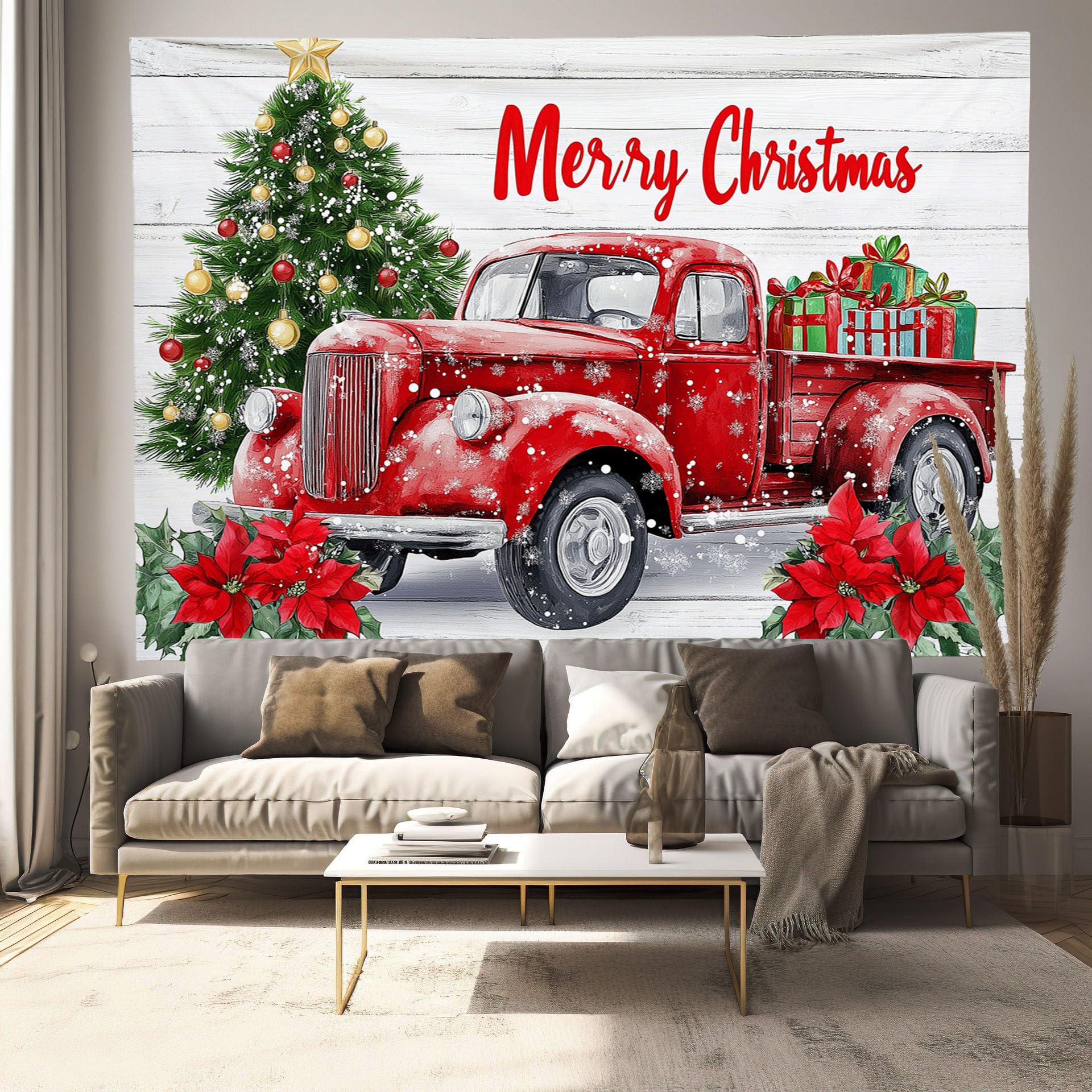 Tapisserie Noël pour salon et dortoir : grand tissu mural motif sapin camion cadeaux - 8