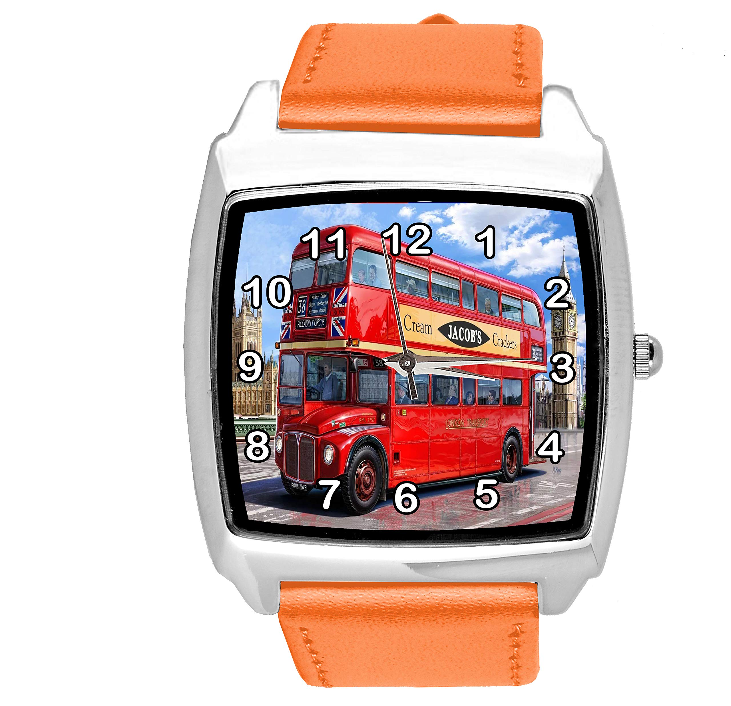 Taport® Orologio quadrato in pelle arancione per gli appassionati di autobus di Londra