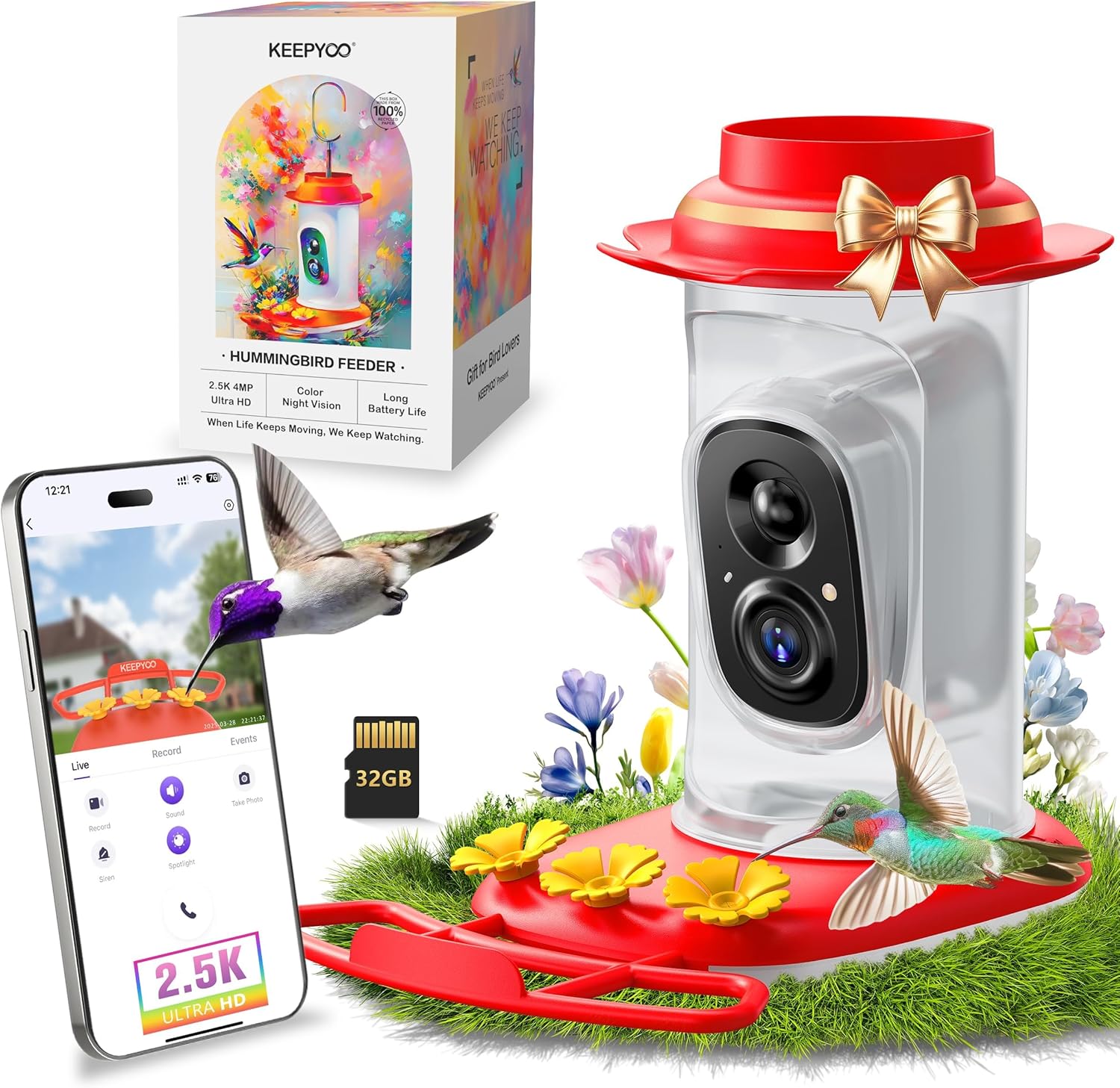 2.5K Hummingbird Feeder with Camera, Wireless Smart Bird Feeders for Outdoors, AI Bird Identify, Instant Notification, Include 32GB SD Card, Ant Moat & Bee-Proof (Red)