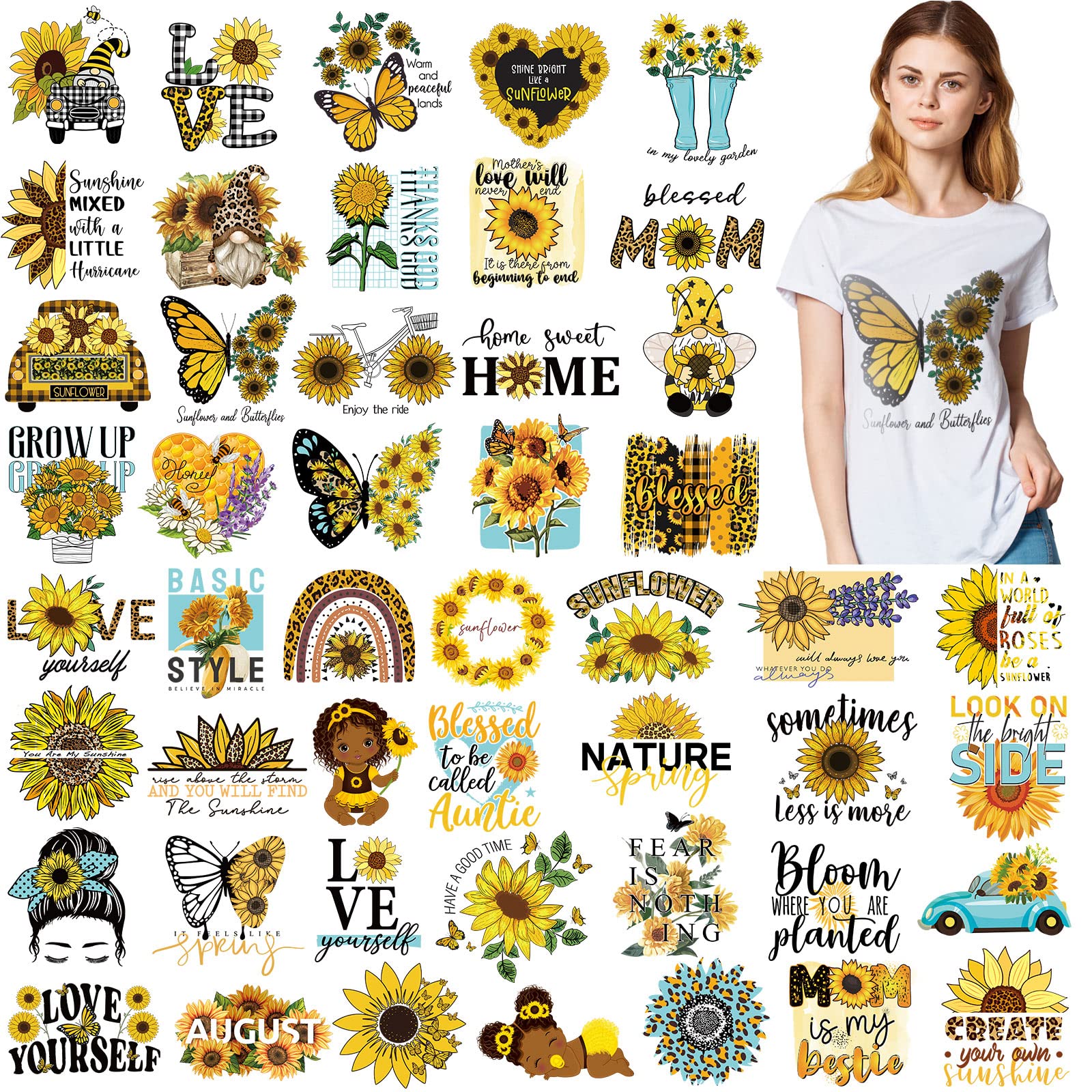 48 Pcs Sunflower Heat Transfer Stickers Iron on Decals for Clothing Washable Iron on Patches for T Shirt Bag Hat Pillow DIY Craft Decorations