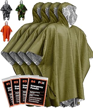 PREPARED4X Emergency Poncho and Mylar Blanket Liner - Waterproof, Wind-Resistant Outdoor Rain Poncho for Camping, Emergencies