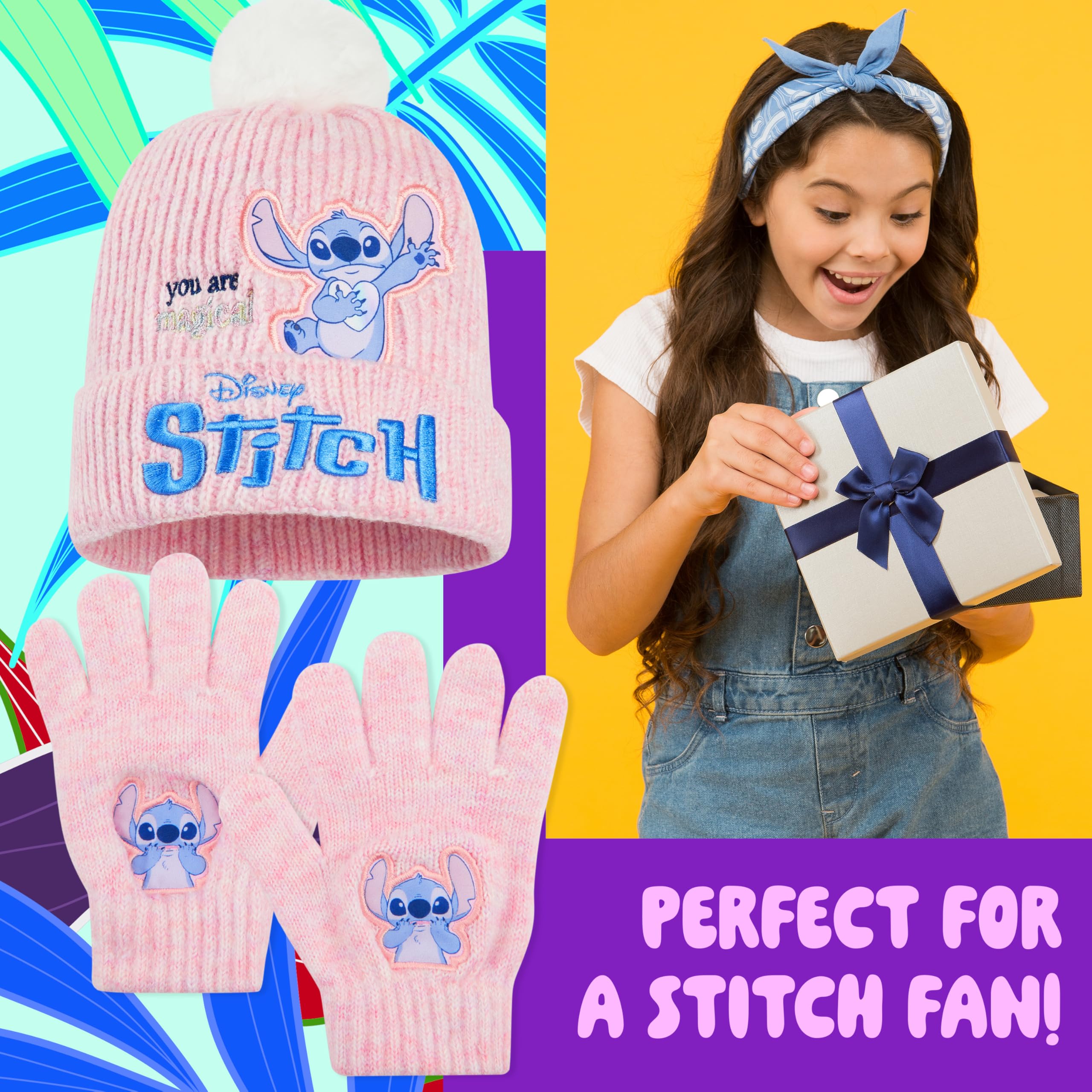 Disney Stitch zestaw czapek i rękawiczek dla dziewczynek, zestaw akcesoriów zimowych do szkoły lub podróży 2 sztuki prezent dla dzieci i młodzieży (6-14 lat, różowy ścieg)